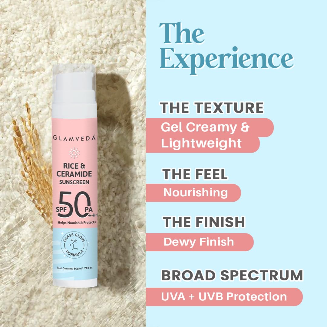Glamveda Rice & Ceramide Dewy Sunscreen SPF 50 PA+++ | Transparent Ultra Lightweight Gel Cream | No White Cast, Water & Sweat Proof | For Dry & Sensitive Skin | 50ml | Daily UV Protection for Face & Body | Perfect for Outdoor Activities, Beach & Travel