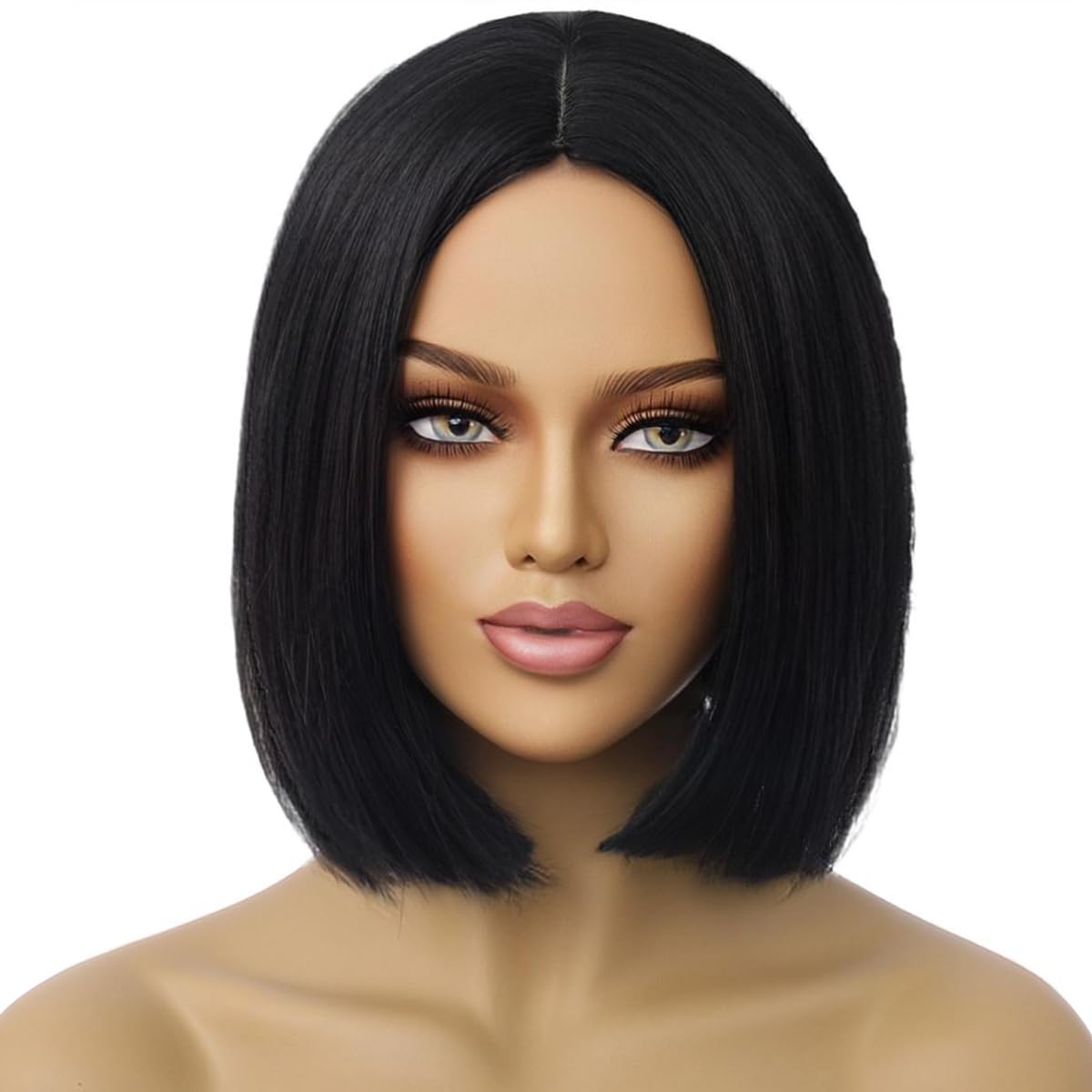 Black Bob Wig with Middle Part - Short Straight Synthetic Heat Resistant Hairpiece with Adjustable Cap (10 Inches) - Perfect for Cosplay, Halloween Costumes & Daily Fashion