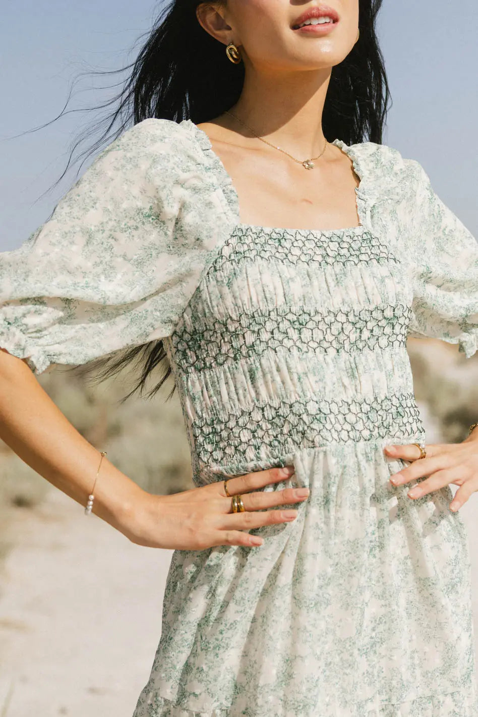Nadia Smocked Midi Dress for Women - Floral Summer Dress with Ruffled Sleeves | Perfect for Beach Vacations, Date Nights & Garden Parties (Final Sale)