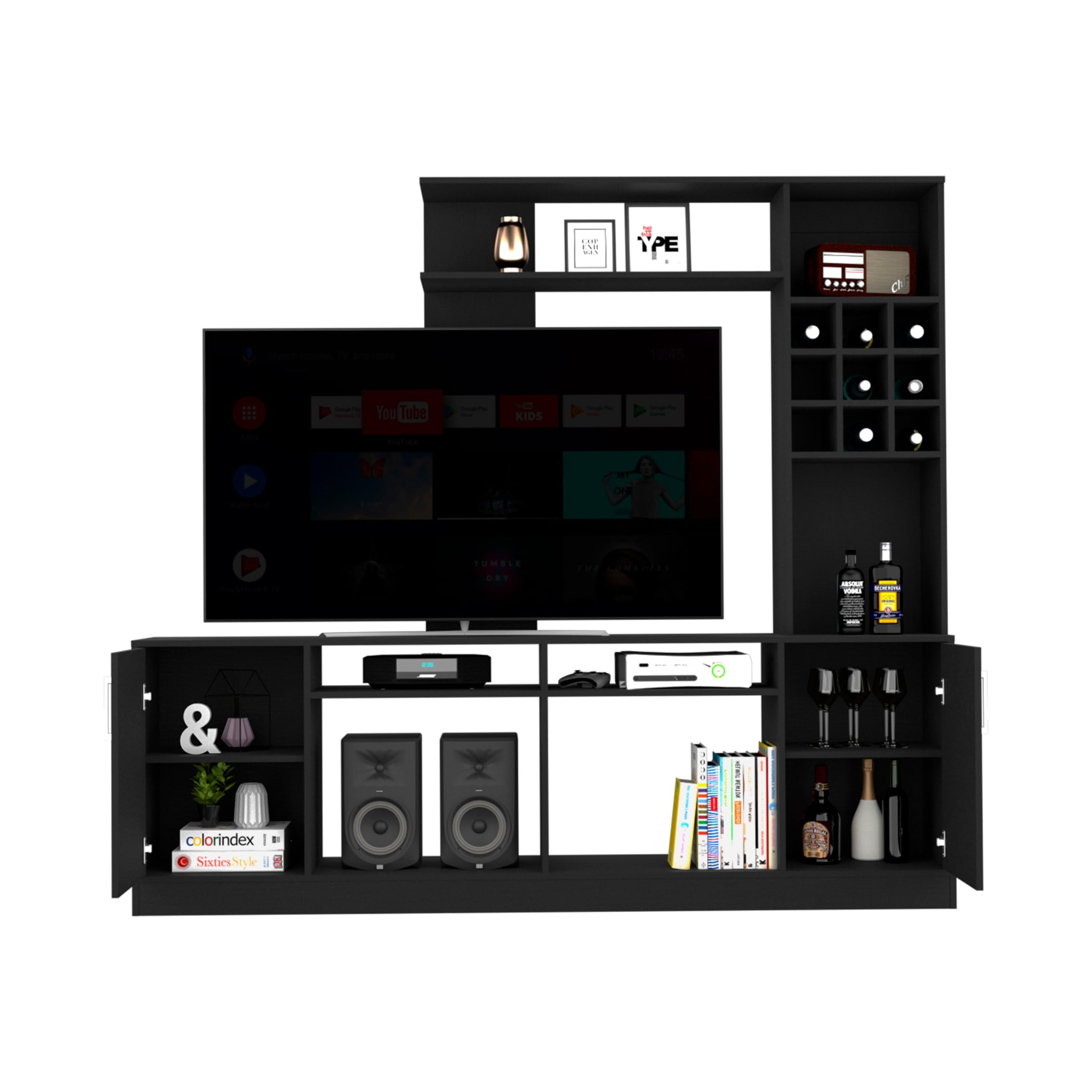 Tuhome Kava TV Stand with 6 Open Shelves & Double Door Cabinet - Entertainment Center for TVs up to 78 Inches, Black - Perfect for Living Room, Home Theater & Media Storage