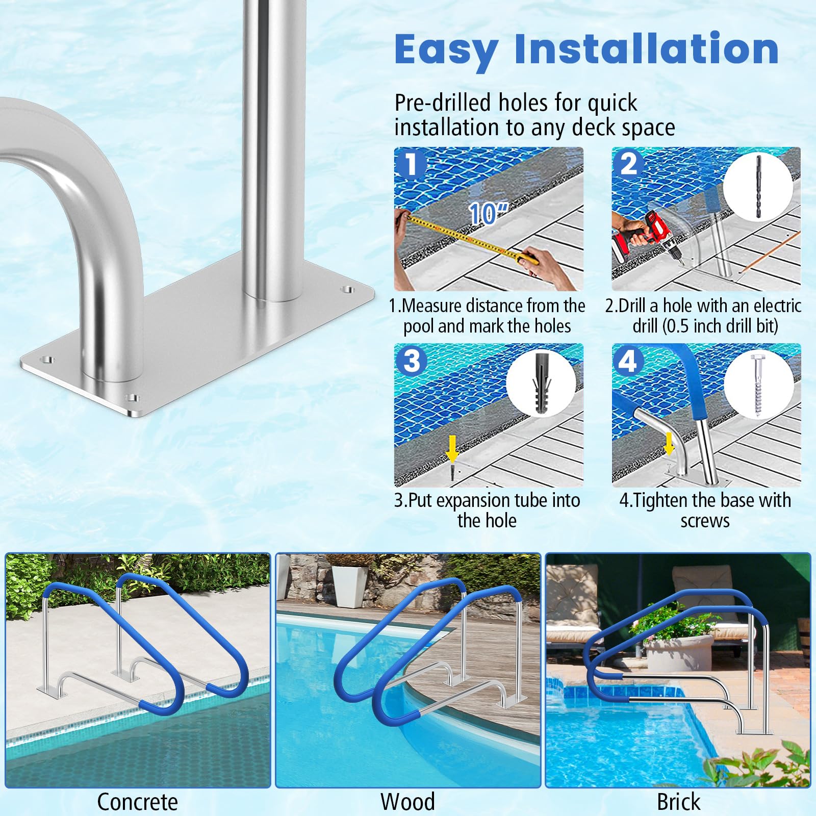 Goplus 49''x34'' Stainless Steel Pool Handrail - 316 Grade, Non-Slip Grip Cover, 550LBS Weight Capacity for Inground Swimming Pools | Safety Support for Elderly & Kids | Easy Installation with Base Plate (1 Pack)