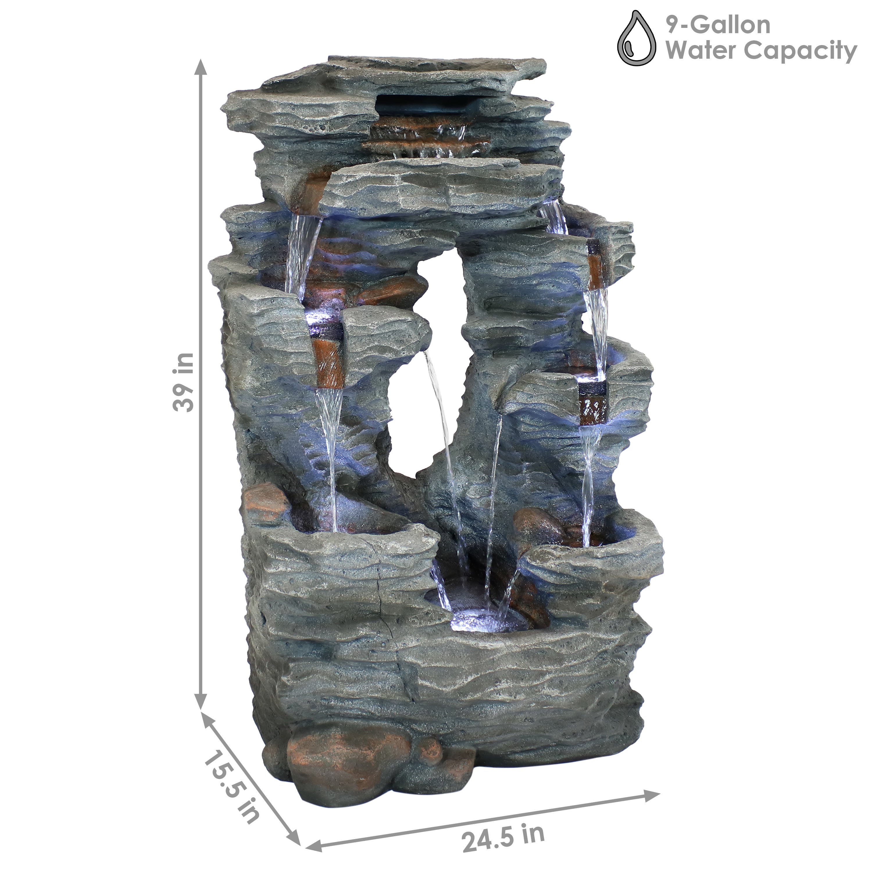 Outdoor Solar-Powered Dual Cascading Rock Waterfall Fountain with LED Lights & Submersible Pump - Perfect for Garden, Patio, and Backyard Decor