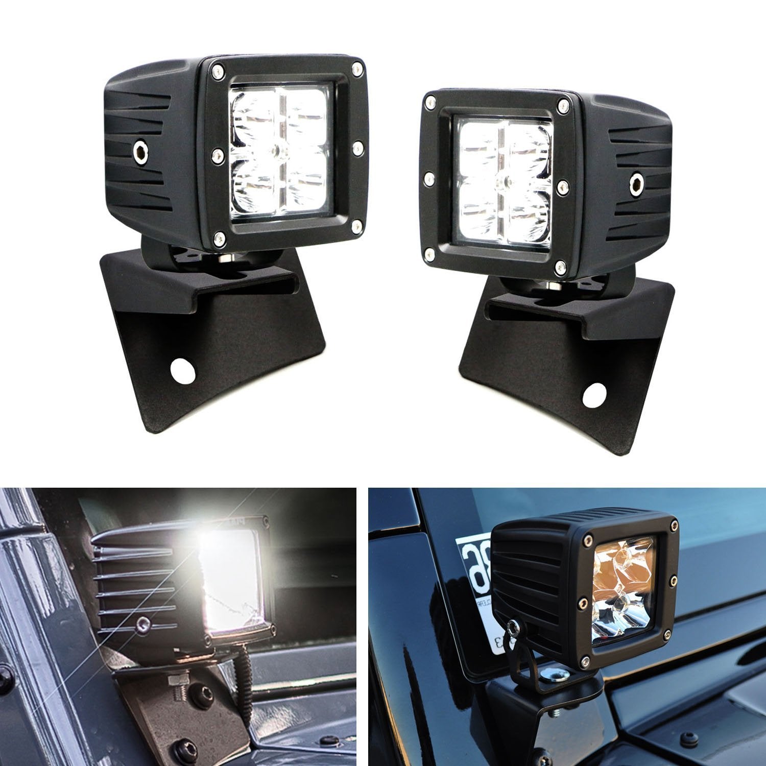 40W CREE LED Pod Light Kit with A-Pillar Mounting Brackets for 2007+ Jeep Wrangler JK - Off-Road, Trail, Night Driving Lighting Upgrade