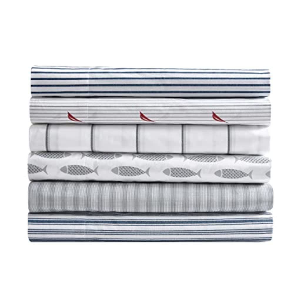 Nautica Twin Sheets - 100% Cotton Percale Bedding Set, Coastal Style Woodblock Fish Grey Design for Twin Beds | Soft & Breathable for Comfortable Sleep | Perfect for Beach House, Guest Room or Kids' Bedroom