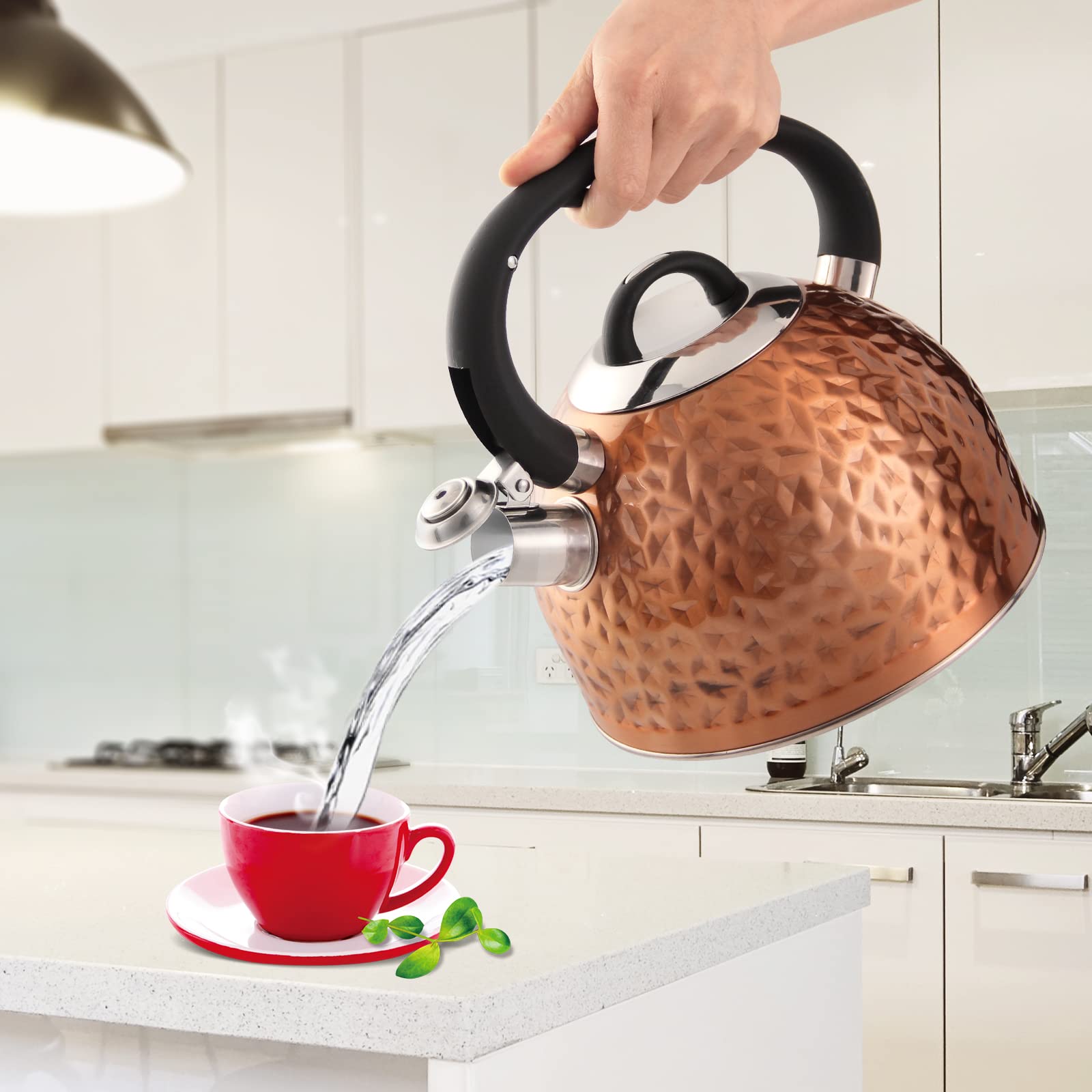 Premium Copper Tea Kettle with Whistle - 3.2 Quart Stainless Steel Teapot with Unique Button Control & Loud Whistle - Food Grade Safe for Boiling Water - Perfect for Home, Office & Tea Ceremonies (Bronze)