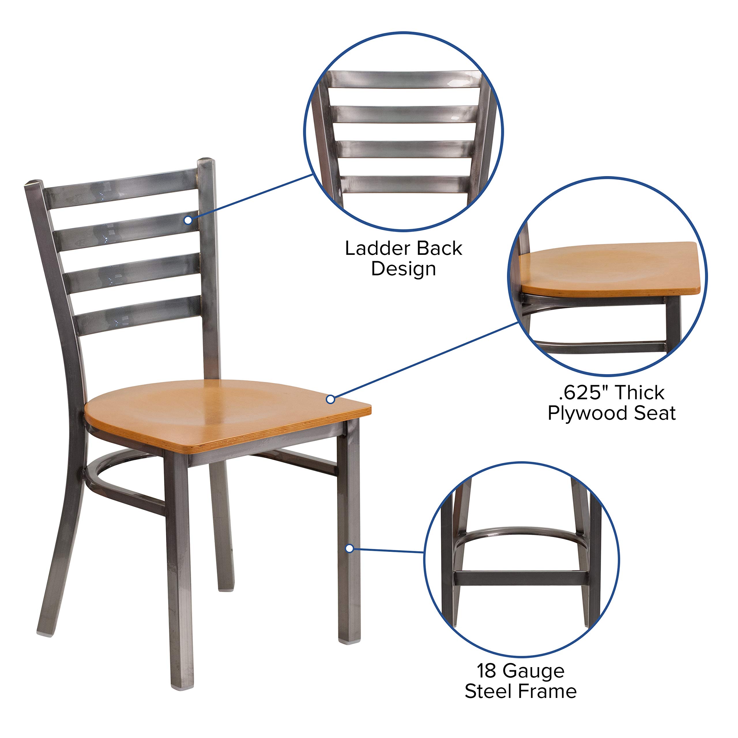 EMMA + OLIVER Clear Coated Ladder Back Metal Dining Chair with Natural Wood Seat - Modern Kitchen & Dining Room Furniture for Home, Restaurant & Cafe Use