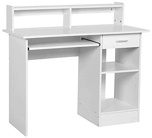 Simple Modern Computer Desk with Keyboard Tray & Hutch - White Home Office Desk with Storage Shelf for PC, Laptop, Study & Work - Perfect for Small Spaces, Remote Work & Writing Nook