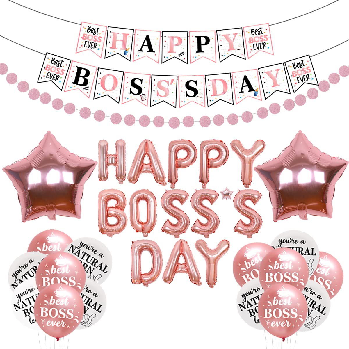 Happy Boss's Day Party Decorations - Best Boss Ever Banner, Rose Gold & White Foil Balloons, Office Supplies for Women | Perfect for Office Celebrations, Indoor Parties & Employee Appreciation Events