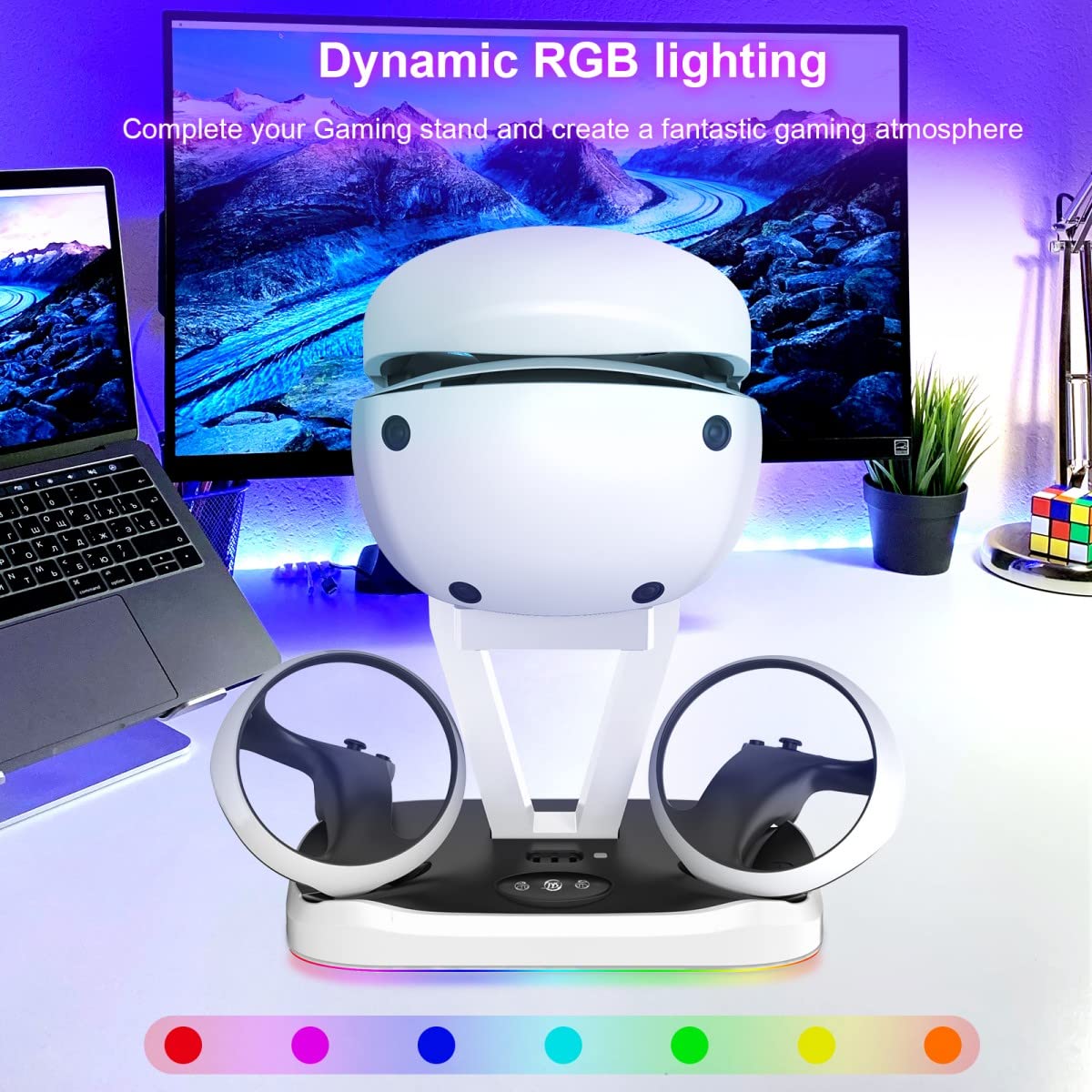 EMEBAY RGB Light Charging Station & Stand for PS VR2 - Dual Controller & Headset Charger with LED Indicators - Compatible with Play*Station PS VR2 - Perfect for Gaming Setup & VR Accessories Organization