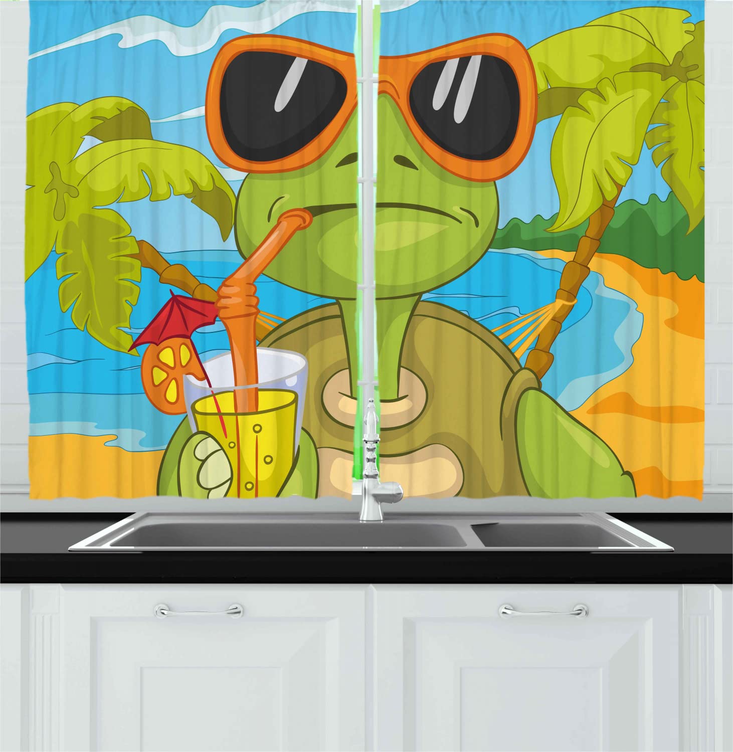 Ambesonne Turtle Kitchen Curtains - Fun Cartoon Sea Turtle with Sunglasses Drinking Cocktail at Beach, 2 Panel Rod Pocket Drapes, 55x45 Inches, Green Orange Pale Blue - Perfect for Beach Themed Kitchens, Coastal Decor & Tropical Room Design