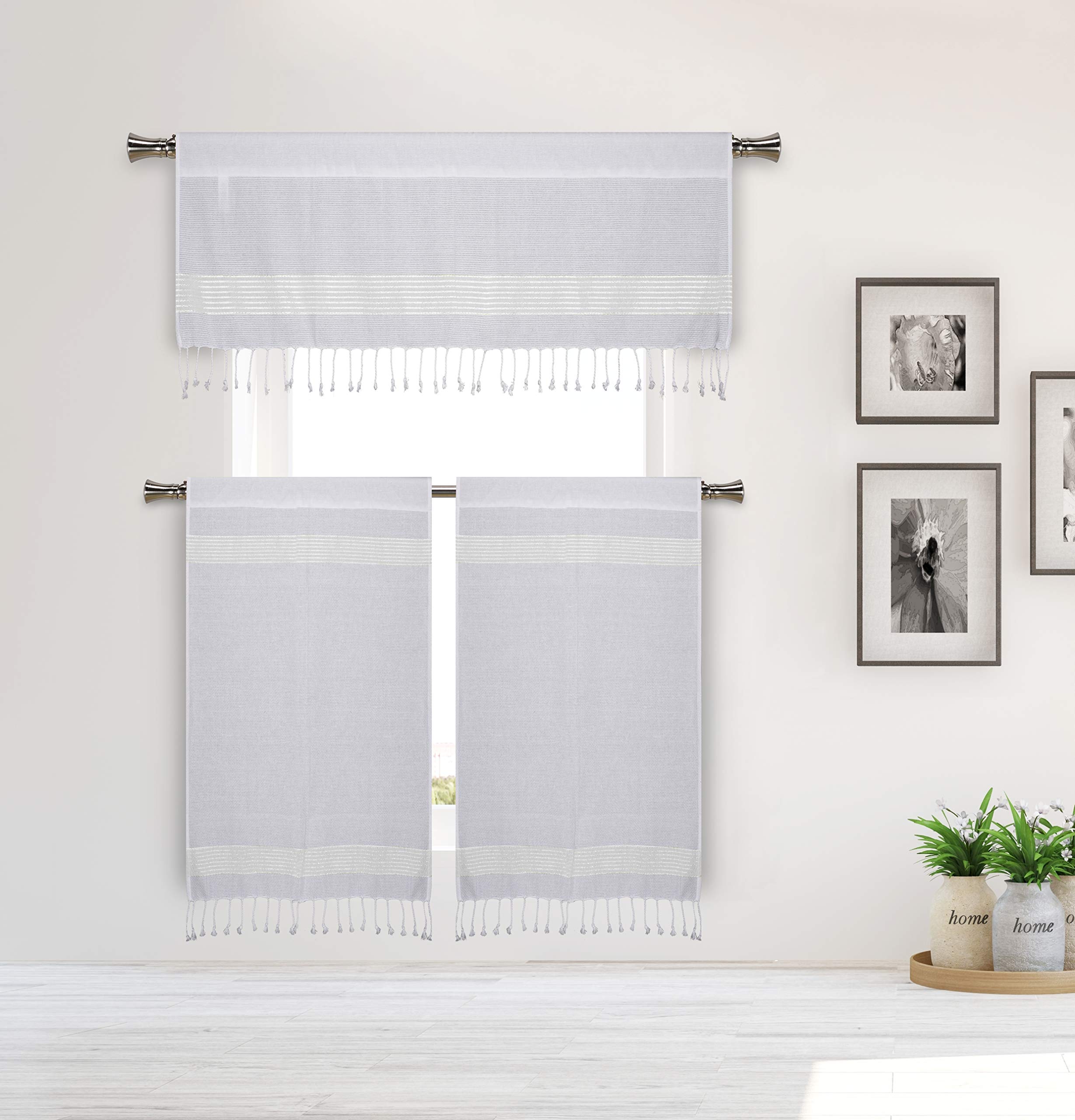 Pythia White & Silver Kitchen Curtains - Elegant Window Treatment for Modern Homes | Perfect for Kitchens, Dining Rooms & Farmhouse Decor