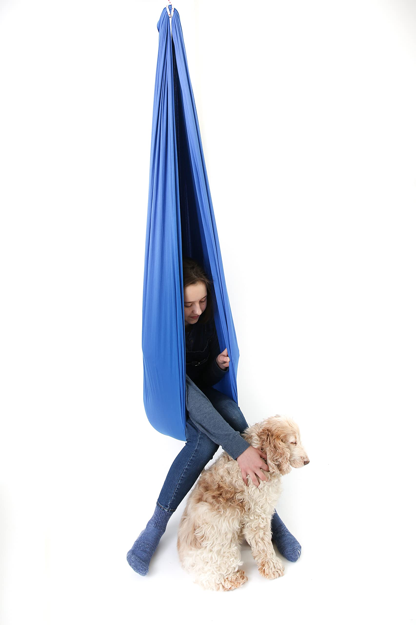 DreamGYM Sensory Swing - Extra Large Therapy Swing for Autism, ADHD, SPD & Anxiety Relief - 95% Cotton Blue Compression Hammock with Hardware - Perfect for Home Therapy Rooms, Sensory Gyms & Calming Corners