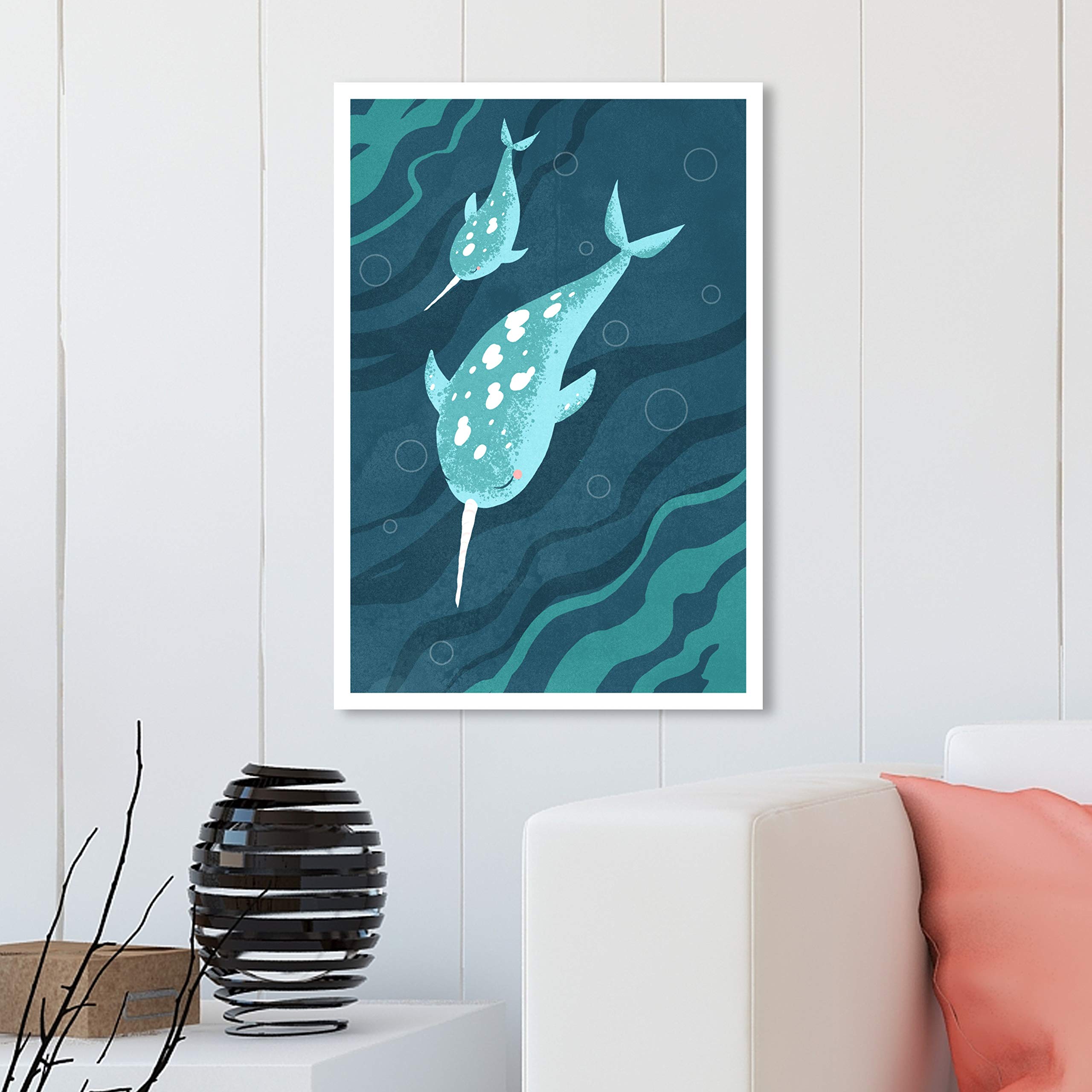 Wynwood Studio Narwhals Wall Art Canvas Print - 20x30 Inches Blue & White Ocean Animal Decor for Living Room, Bedroom, or Office
