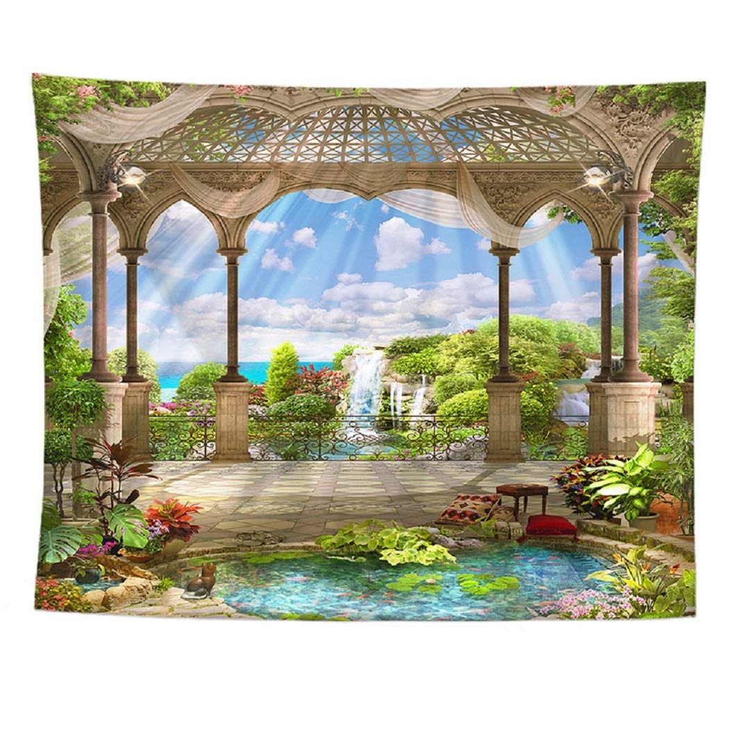 Balcony Natural Scenery Flowers Tree Tapestry Wall Hanging - 150x200cm (59x78.7in) Fabric Wall Décor for Living Room, Bedroom & Outdoor Spaces