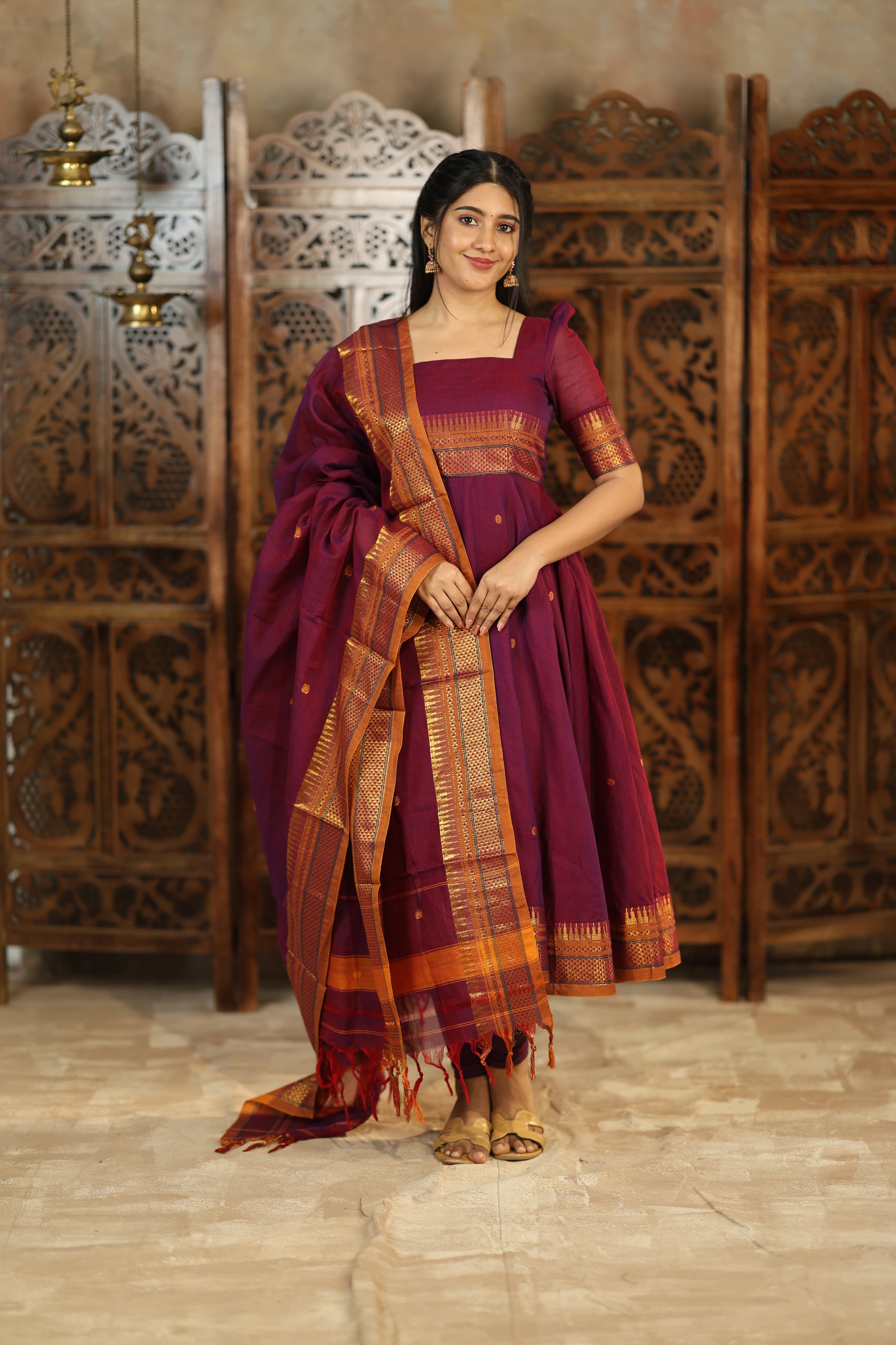 DD765 Yamuna Pure Cotton Anarkali Dress - Elegant Indian Ethnic Wear for Women | Perfect for Festivals, Weddings & Special Occasions