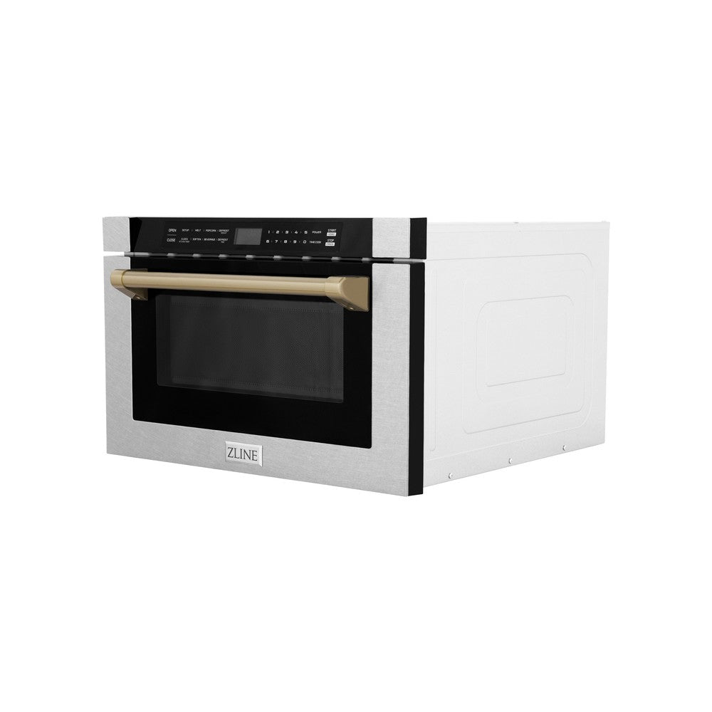 ZLINE Autograph Edition 24 Inch Built-In Microwave Drawer - 1.2 cu ft Capacity, Satin Stainless Steel with Champagne Bronze Accents, Traditional Handle (MWDZ 1 SS H CB) - Perfect for Modern Kitchens, Luxury Homes, and Gourmet Cooking Spaces