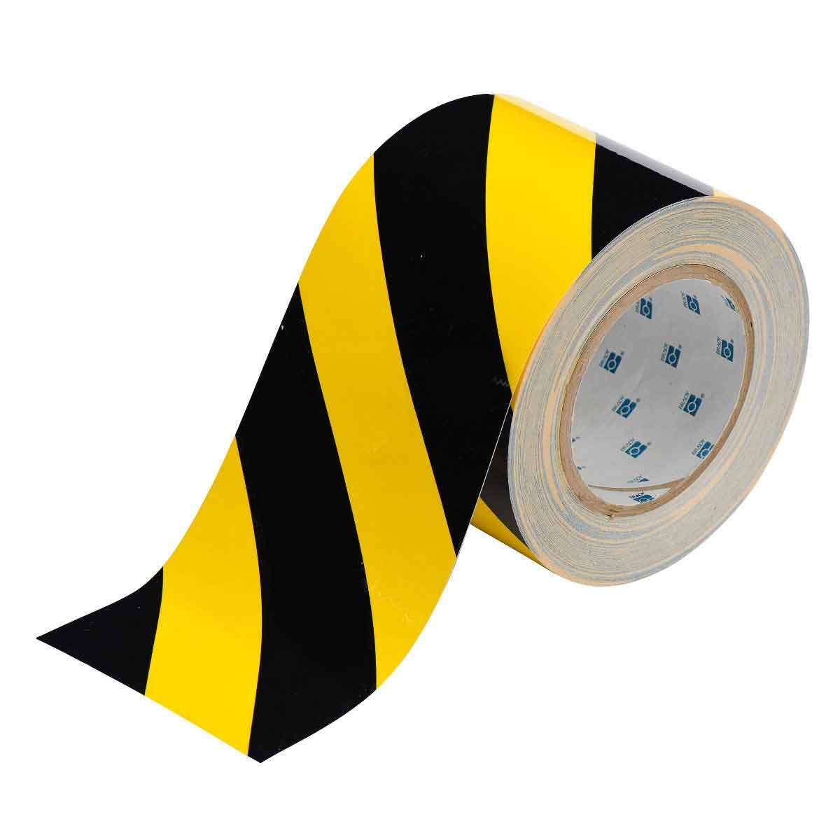 Brady 104377 ToughStripe Non-Abrasive Diagonal Stripes Floor Marking Tape - 100 ft Length, 4 Inch Width, Black & Yellow (1 Roll) - Ideal for Warehouse, Factory & Industrial Safety Floor Markings