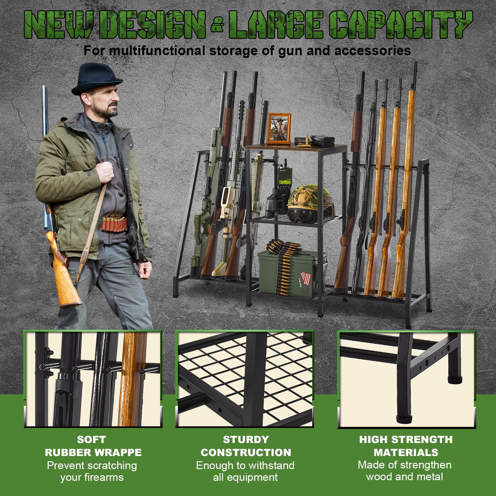 Heavy Duty Gun Rack - Rifle Storage Organizer for 10 Long Guns & Accessories | Indoor Standing Floor Shotgun Rack | Perfect for Hunting Range, Shooting Clubs & Home Security | Durable Gun Storage Solution for Firearm Enthusiasts