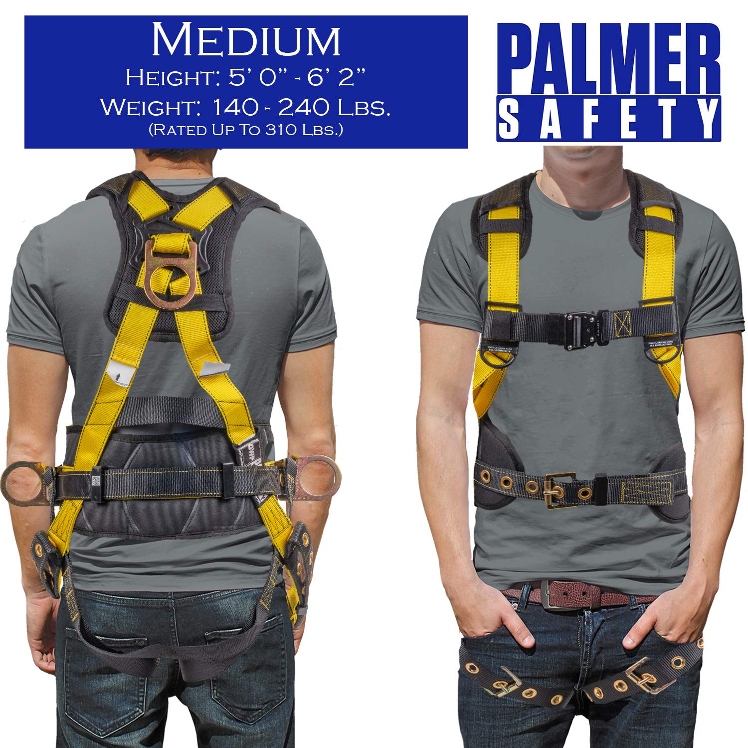 Palmer Safety Hammerhead 5-Point Safety Harness with Back Padding, QCB Chest Buckle, Tongue Buckle Leg Straps & D-Rings - OSHA Compliant Fall Protection for Construction, Roofing & Industrial Work