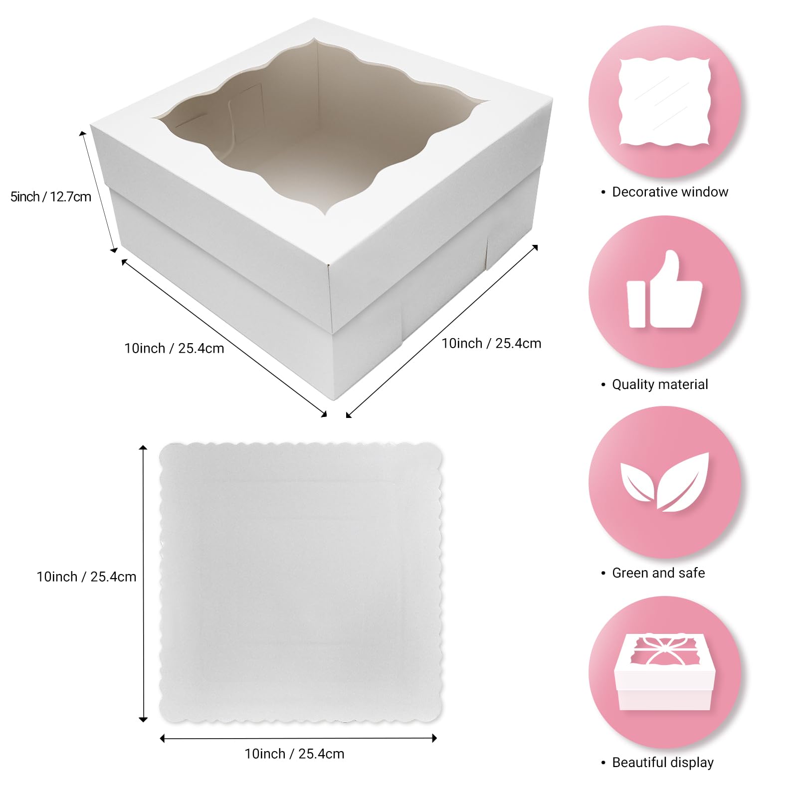 10x10x5 Inches White Bakery Cake Box Set (12pcs) - 6 Disposable Cake Boxes & 6 Cake Boards with Ribbon for Birthday, Pastries, Pies | Perfect for Home Baking, Party Desserts & Gift Packaging