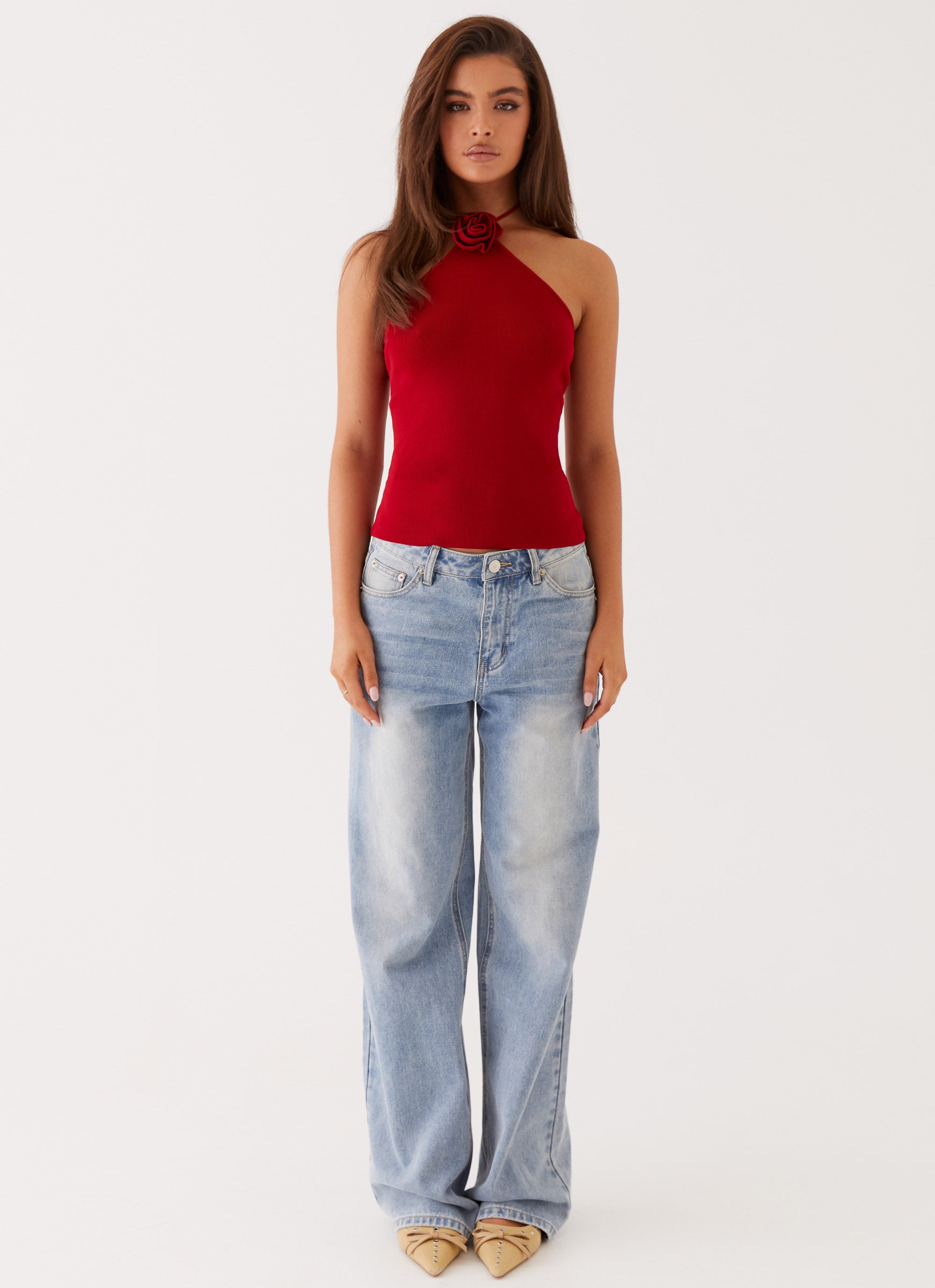 Delphi Rose Knit Top Women's Casual Long Sleeve T-Shirt Rouge Red - Perfect for Fall Layering, Date Nights & Office Wear