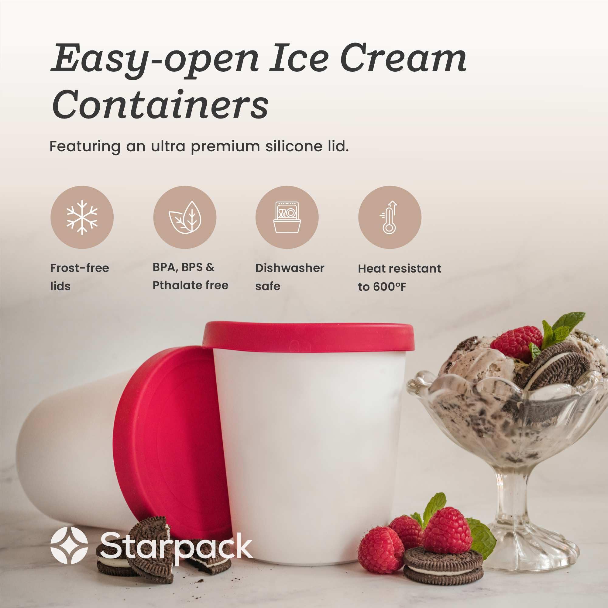 Starpack 'Freeze the Day' 1 Quart Ice Cream Storage Containers (2-Pack) - Reusable Freezer-Safe Containers with Leak-Proof Silicone Lids - Perfect for Homemade Ice Cream, Gelato, Sorbet & Frozen Desserts - Ideal for Meal Prep, Party Treats & Summer Snacks