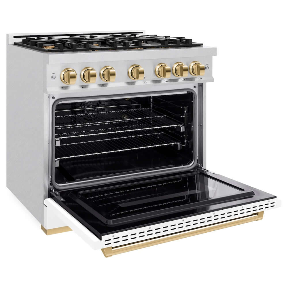 ZLINE Autograph Edition 36 Inch 5.2 Cu Ft Classic Gas Range - 6 Burner Cooktop & Convection Gas Oven - Satin Stainless Steel with White Matte Door & Polished Gold Accents (CGRSZ WM 36 G) - Perfect for Modern Kitchens & Professional Cooking