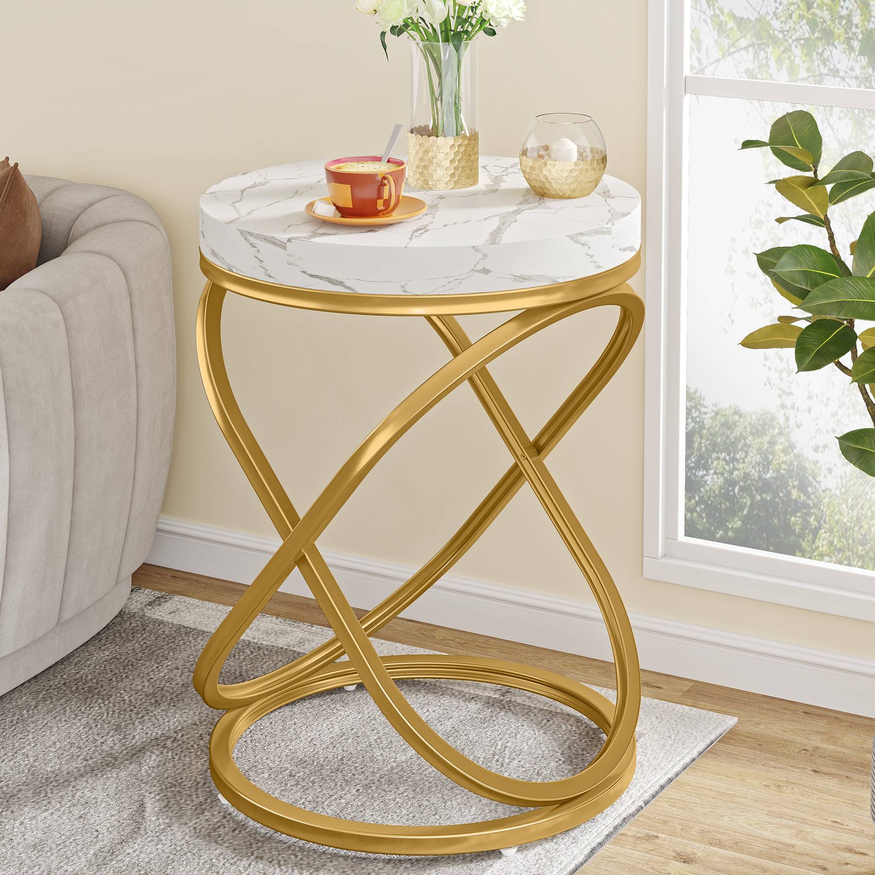 Round End Table - 26 Inch Tall Sofa Side Table with Faux Marble Top | Modern Living Room Furniture for Small Spaces, Bedroom Nightstand & Office Decor