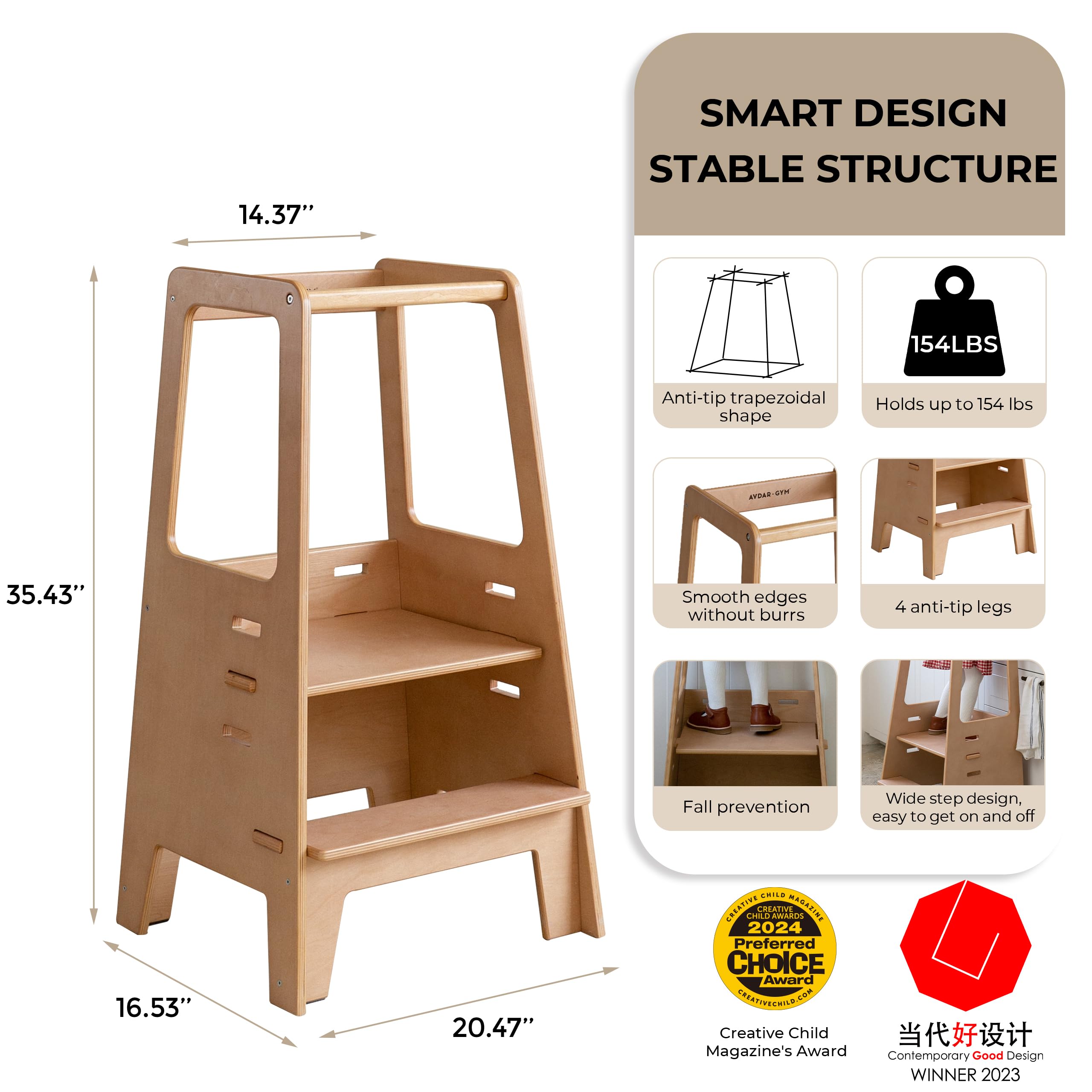 Best Adjustable Wooden Toddler Tower Stool for Kitchen - 2023 Contemporary Good Design Winner - Montessori Learning Step Stool for Kids - Perfect for Baking, Cooking & Countertop Activities