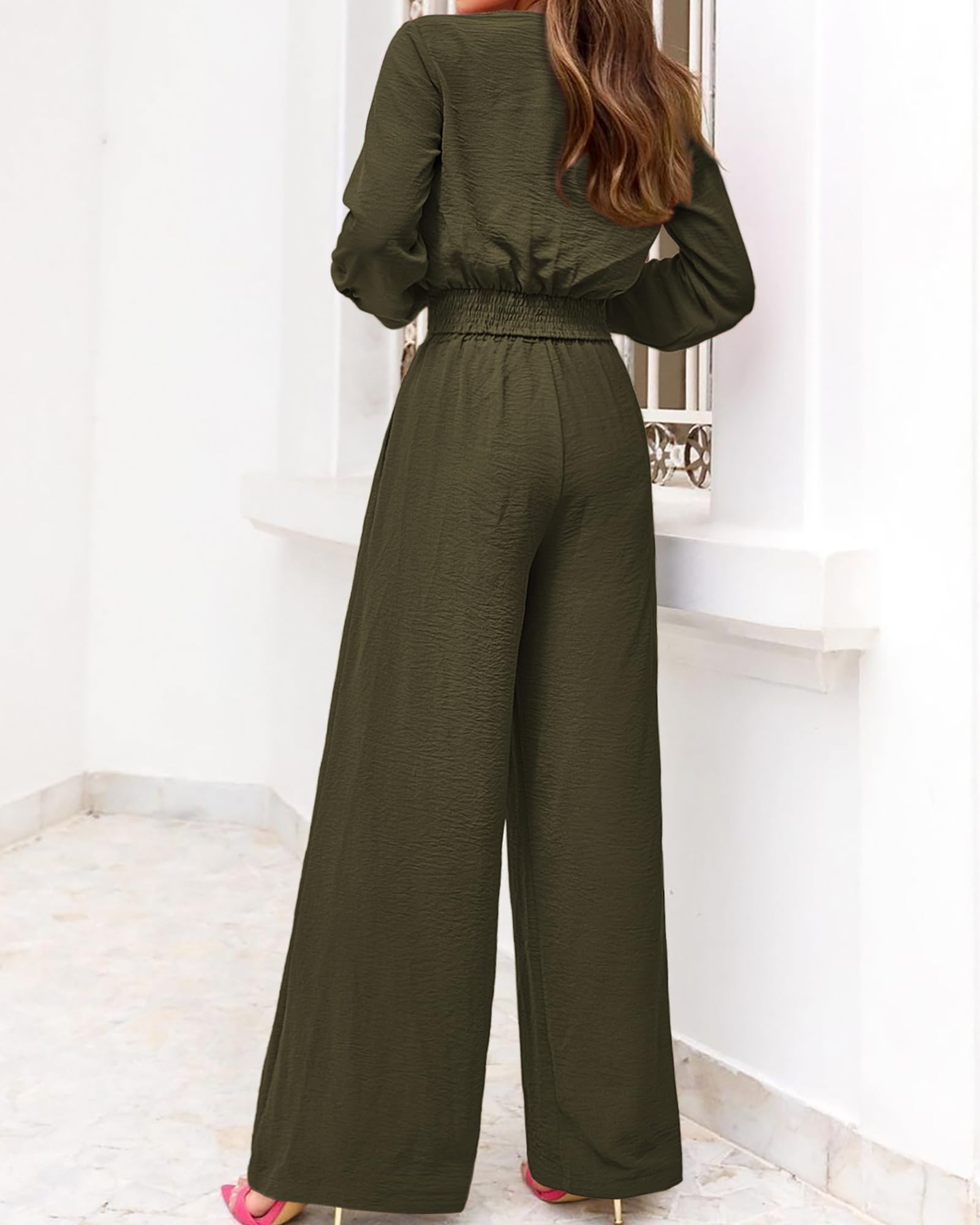 PRETTYGARDEN Women's 2 Piece Outfit Set - 2025 Spring Casual V Neck Long Sleeve Strappy Crop Top & Wide Leg Palazzo Pants | Perfect for Brunch, Shopping & Vacation Outfits