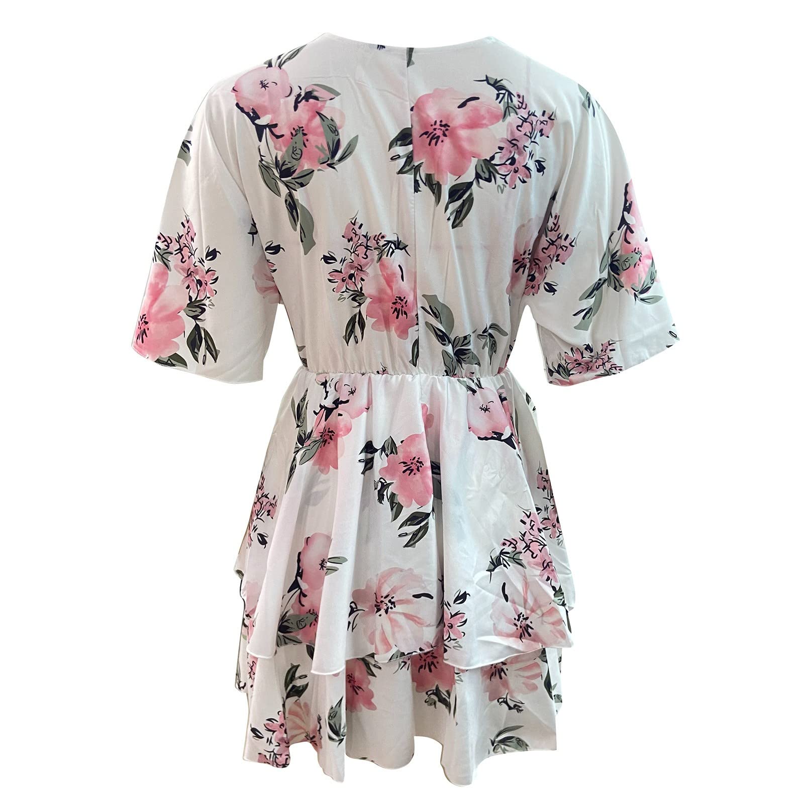 Women's Floral Print Mini Dress with V-Neck & Cinched Waist - Plus Size Short Sleeve Summer Dress for Casual Outings, Beach Vacations & Date Nights