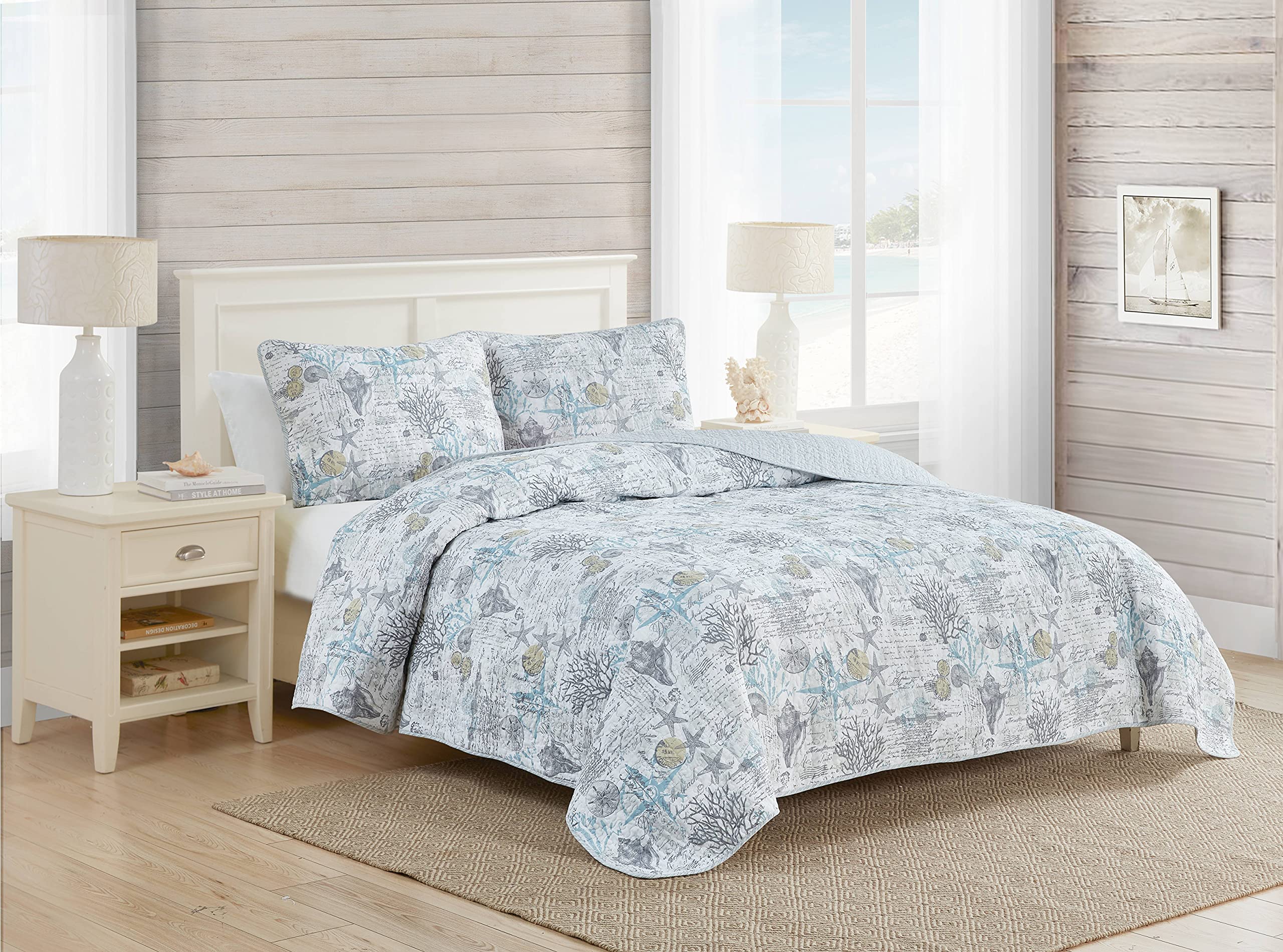 Tommy Bahama Reversible Queen Quilt Set - 100% Cotton Beach Themed Bedding with Matching Shams, All-Season Comfort in Beach Bliss Grey | Perfect for Coastal Bedrooms, Guest Rooms & Vacation Homes