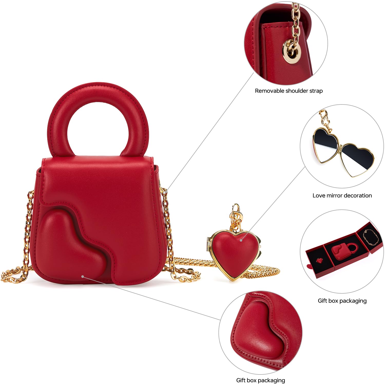 LAFESTIN Small Leather Heart Purse - Designer Evening Clutch with Removable Chain Strap, Crossbody Bag for Women | Perfect for Weddings, Prom, Cocktail Parties & Date Nights