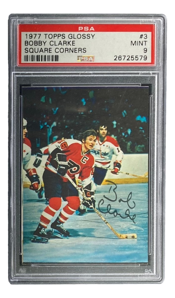 Bob Clarke Signed 1977 Topps Glossy #3 Flyers Trading Card Insert PSA/DNA Mint 9 - Perfect for Hockey Memorabilia Collections & Sports Fan Gifts