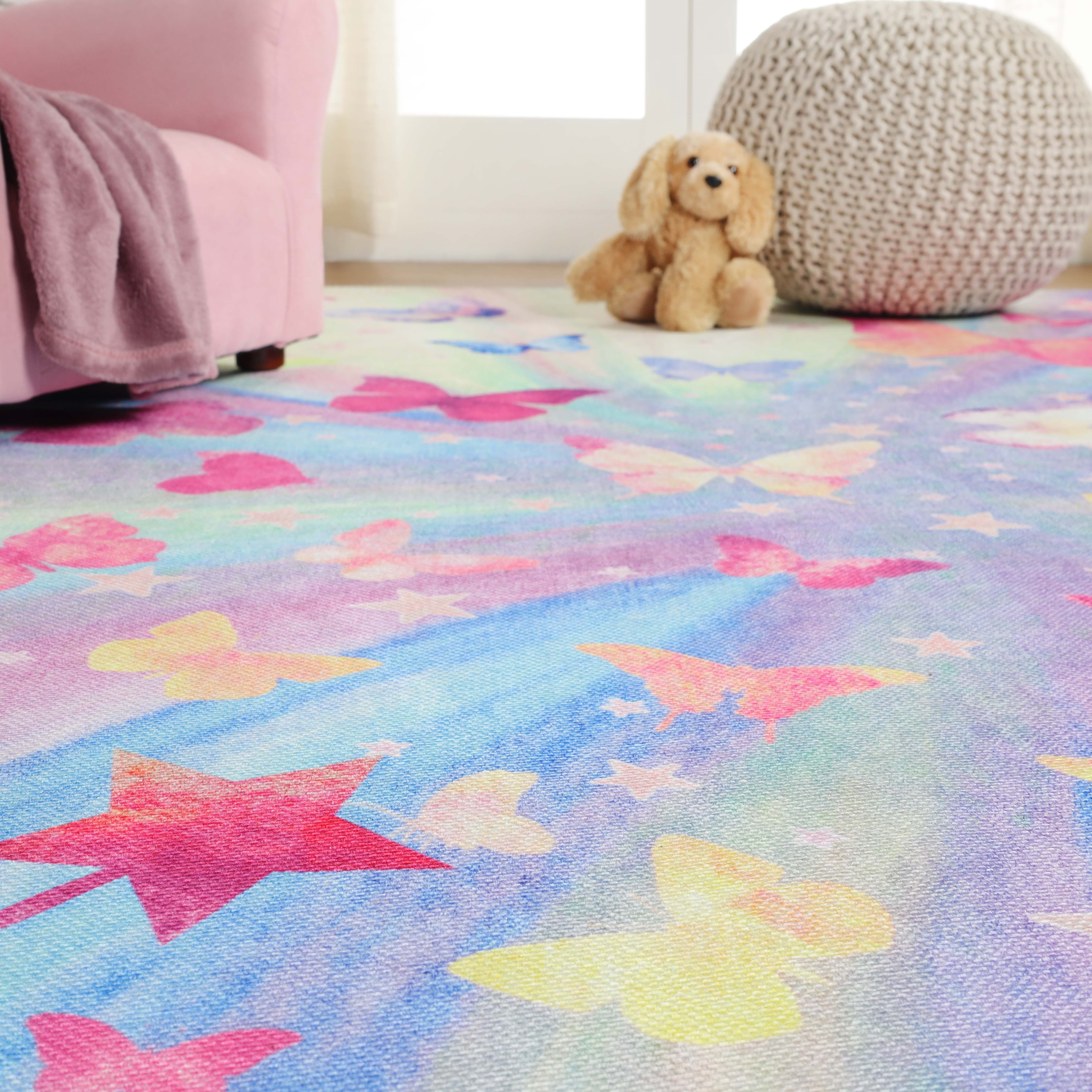 Non-Slip Butterfly Kids Playroom Rug - Washable Nursery Carpet for Toddlers & Children - Soft Indoor Floor Mat for Play Areas, Bedrooms & Daycare