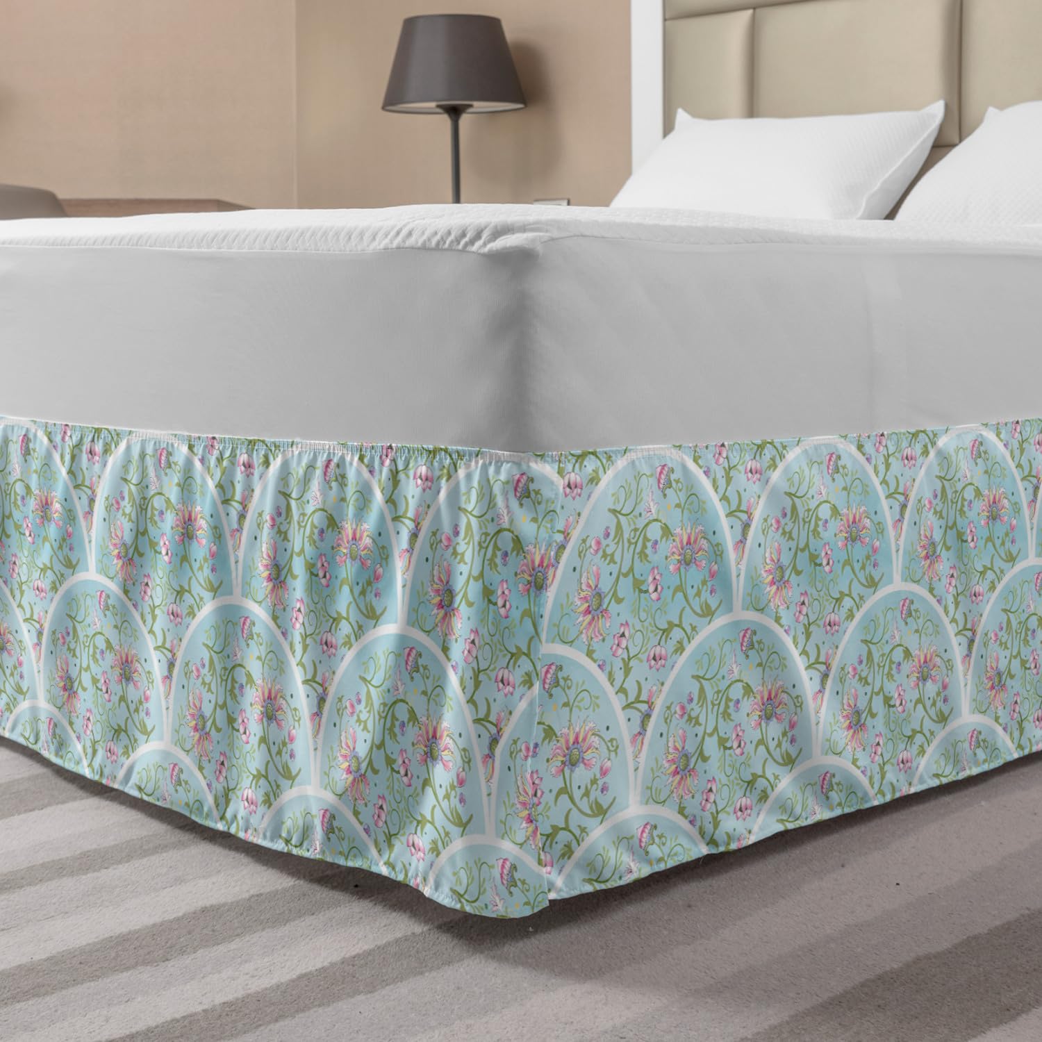 Ambesonne Floral Bed Skirt - Elegant Chinese Oriental Blossom Pattern in Arching Frames, Wrap Around Elastic Gathered Design for King Size Beds, Pale Blue & Multicolor - Perfect for Bedroom Decor & Home Styling