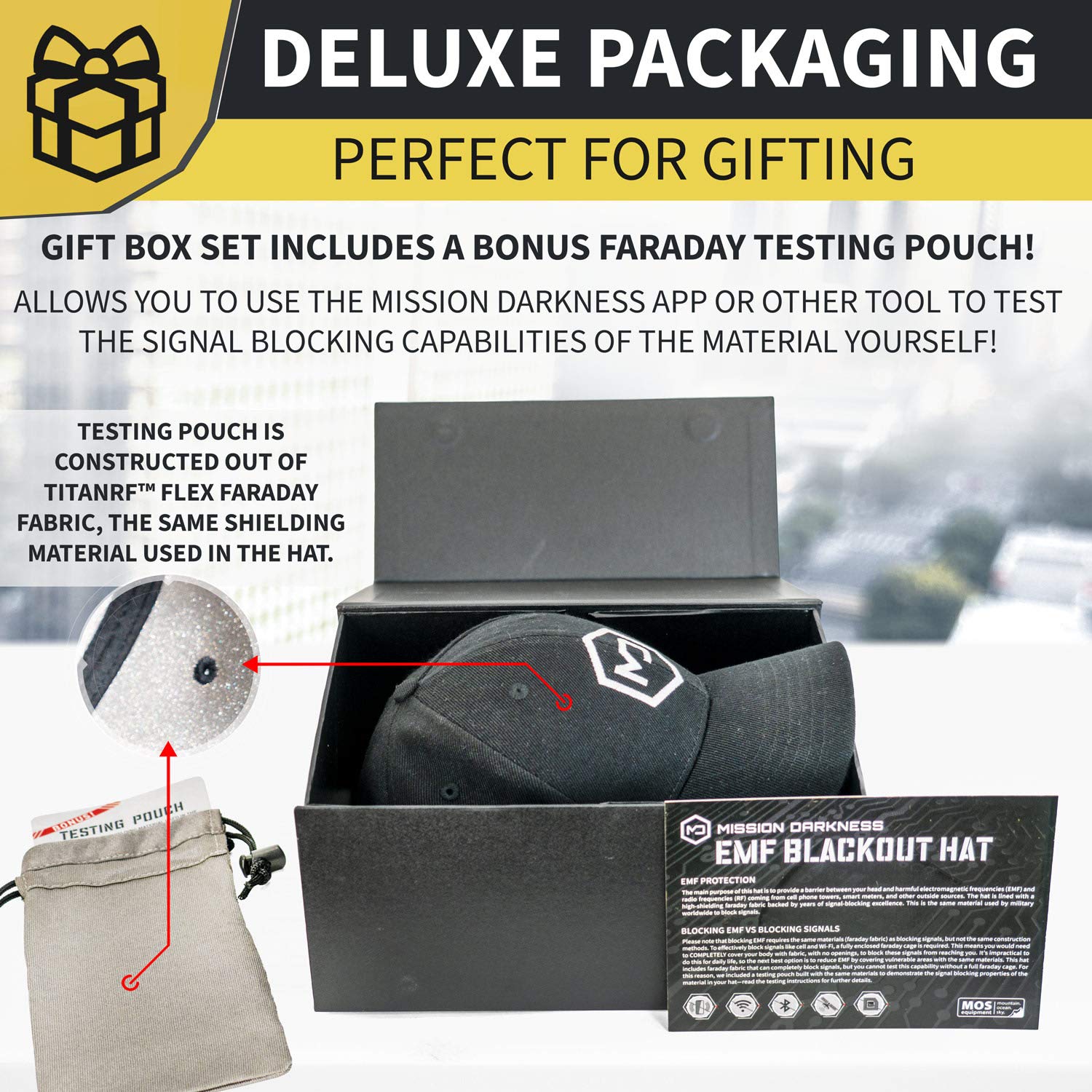 Mission Darkness Limited Edition Faraday Hat Bundle - EMF Blackout Hat & Phone Shield Faraday Bag - RF Shielding Protection for Travel, Privacy & Security - Unique Gift for Tech Enthusiasts