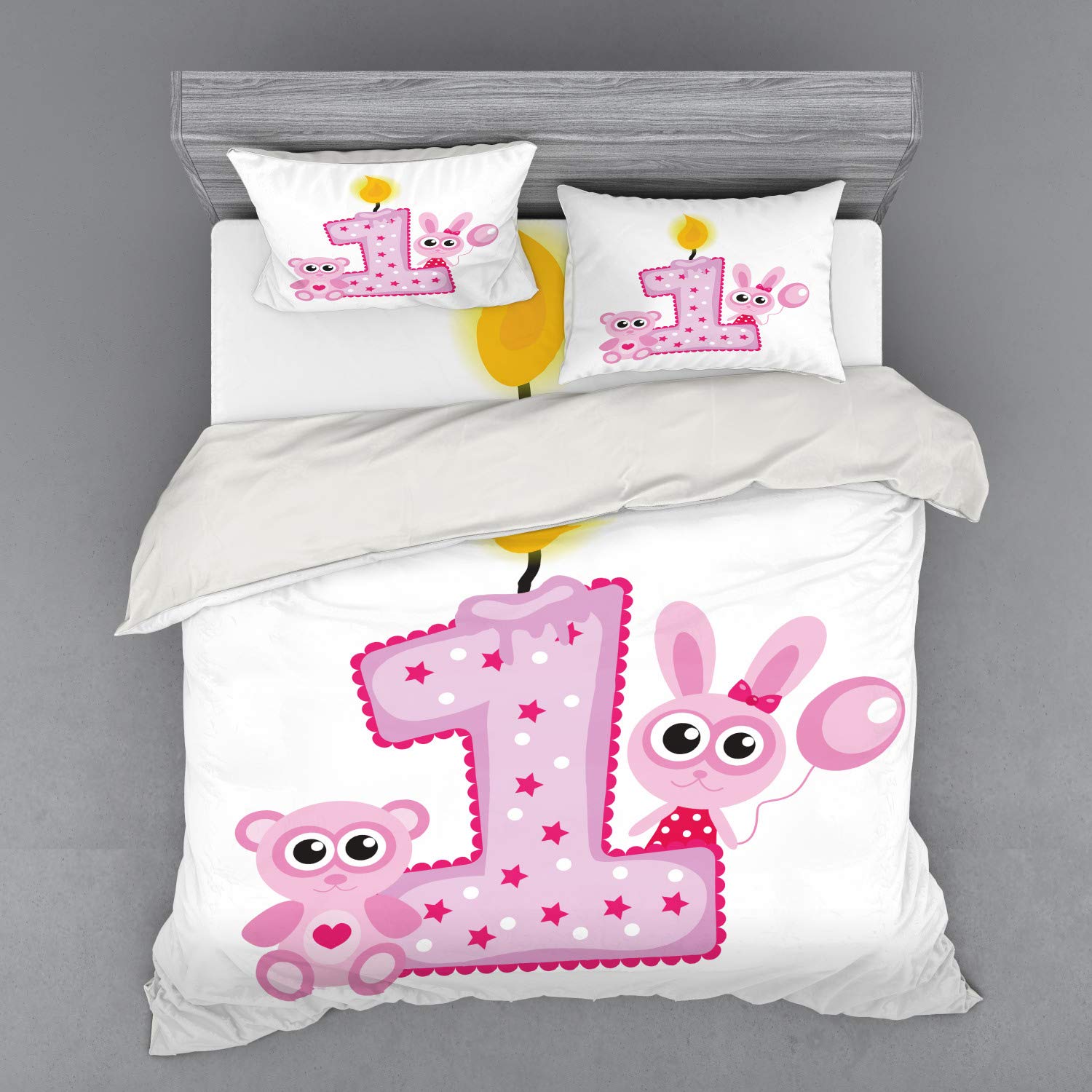 Ambesonne 1st Birthday Bedding Set for Girls - King Size 4-Piece Duvet Cover with Shams & Fitted Sheet - Hot Pink & Lilac Bunny Bear Animal Theme - Perfect for Birthday Parties & Nursery Decor