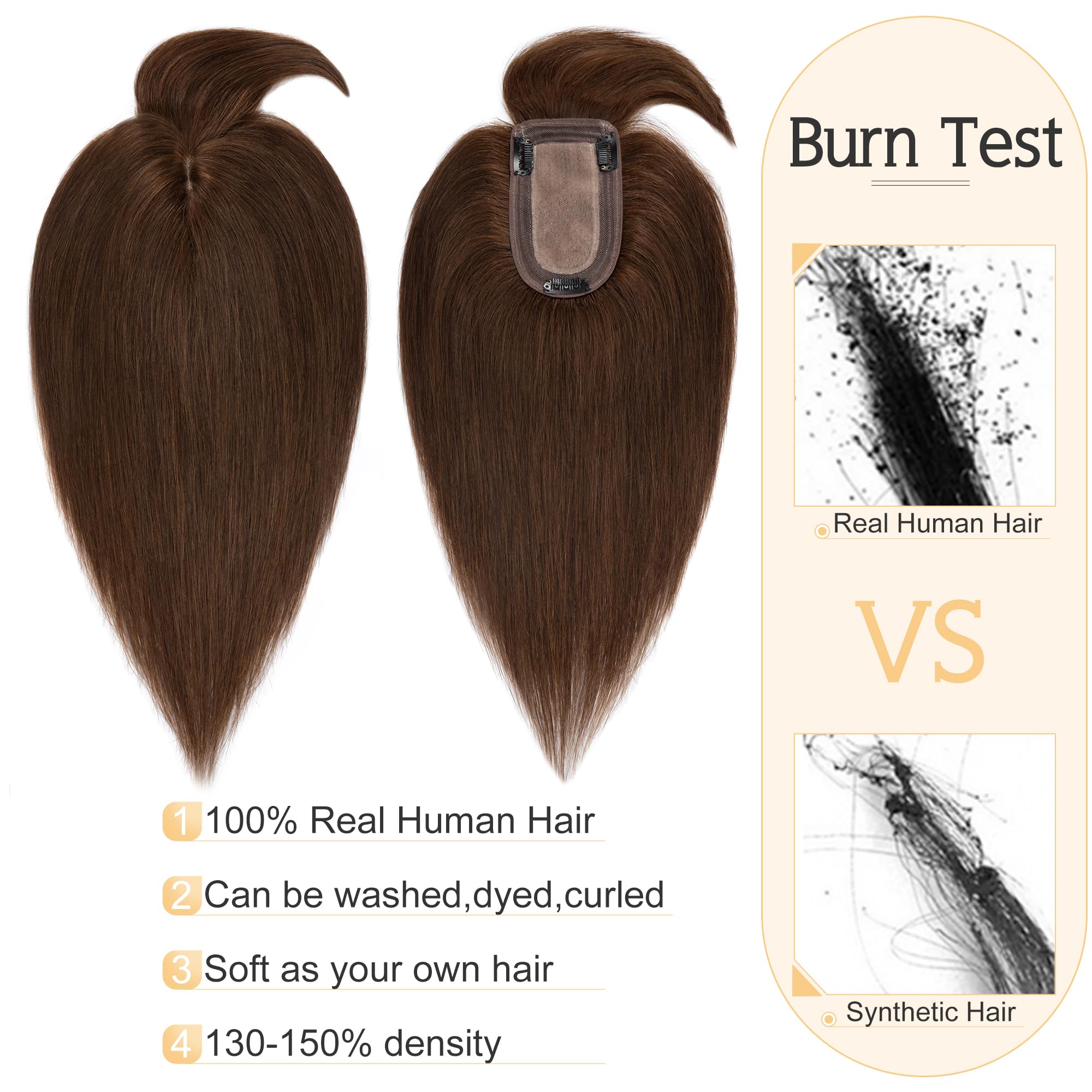 SEGO 10 Inch Medium Brown Human Hair Toppers for Women with Bangs - 7x13CM Silk Base, 100% Remy Clip-in Top Wiglet for Thinning Hair | Perfect for Daily Wear, Parties & Special Occasions
