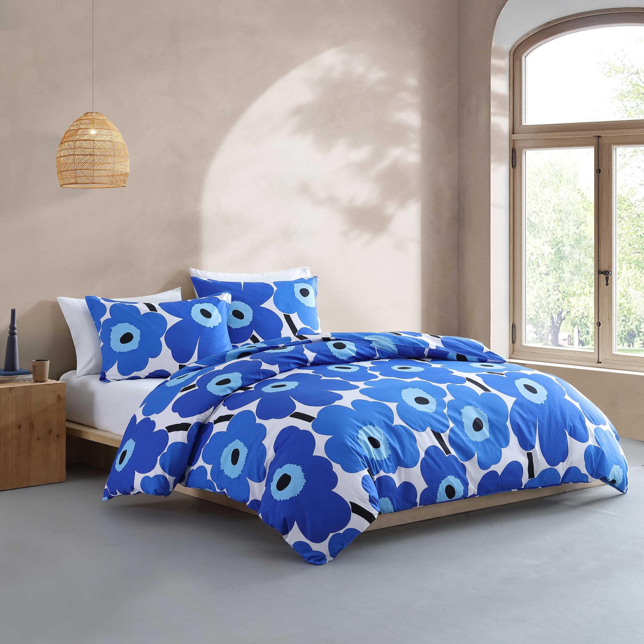 Marimekko King Comforter Set - 100% Cotton Percale Reversible Duvet Cover with Matching Shams, Floral Print Home Decor (Unikko Blue, King Size) for Master Bedroom & Guest Room Luxury Bedding