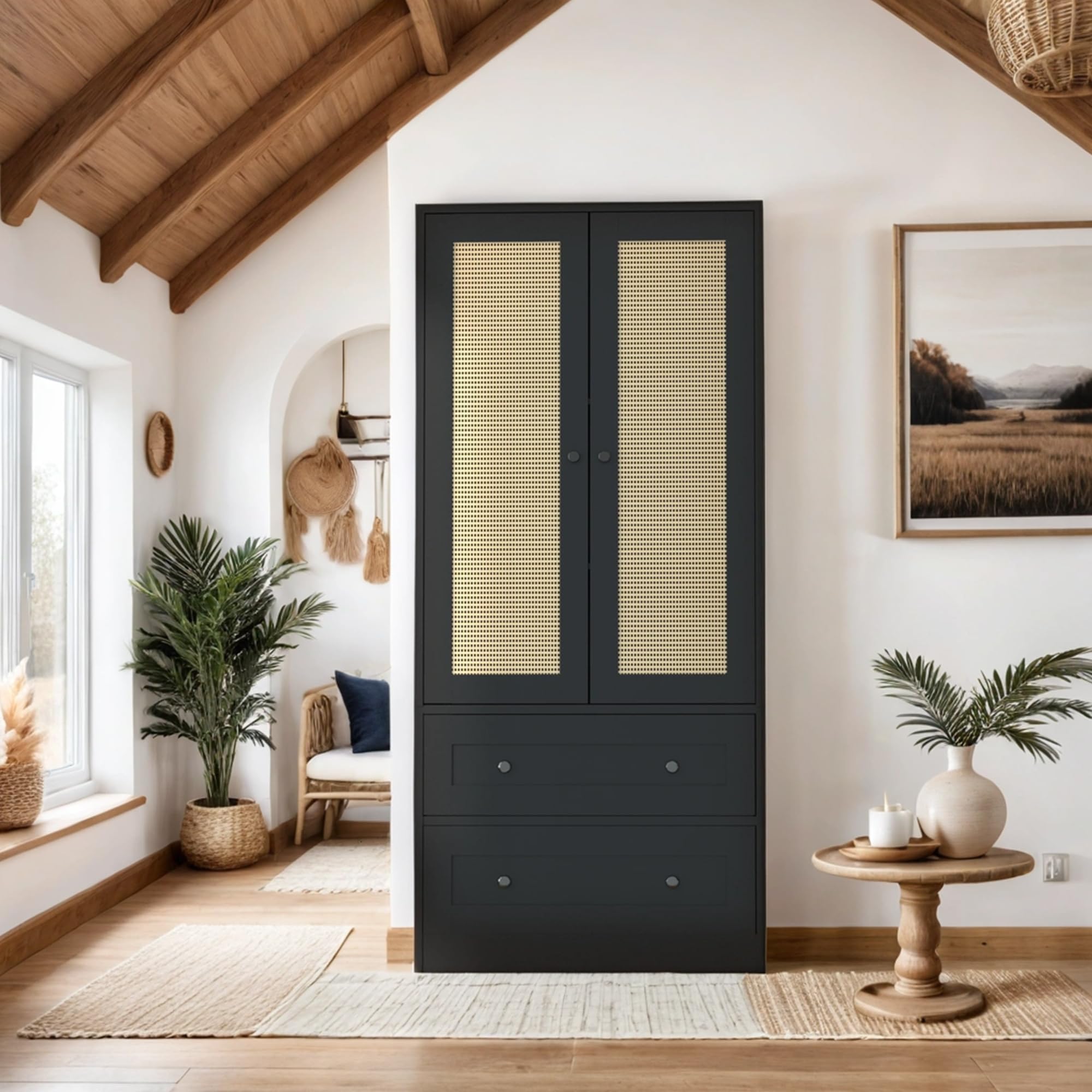 Rattan Black Kitchen Pantry Cabinet - 64.2