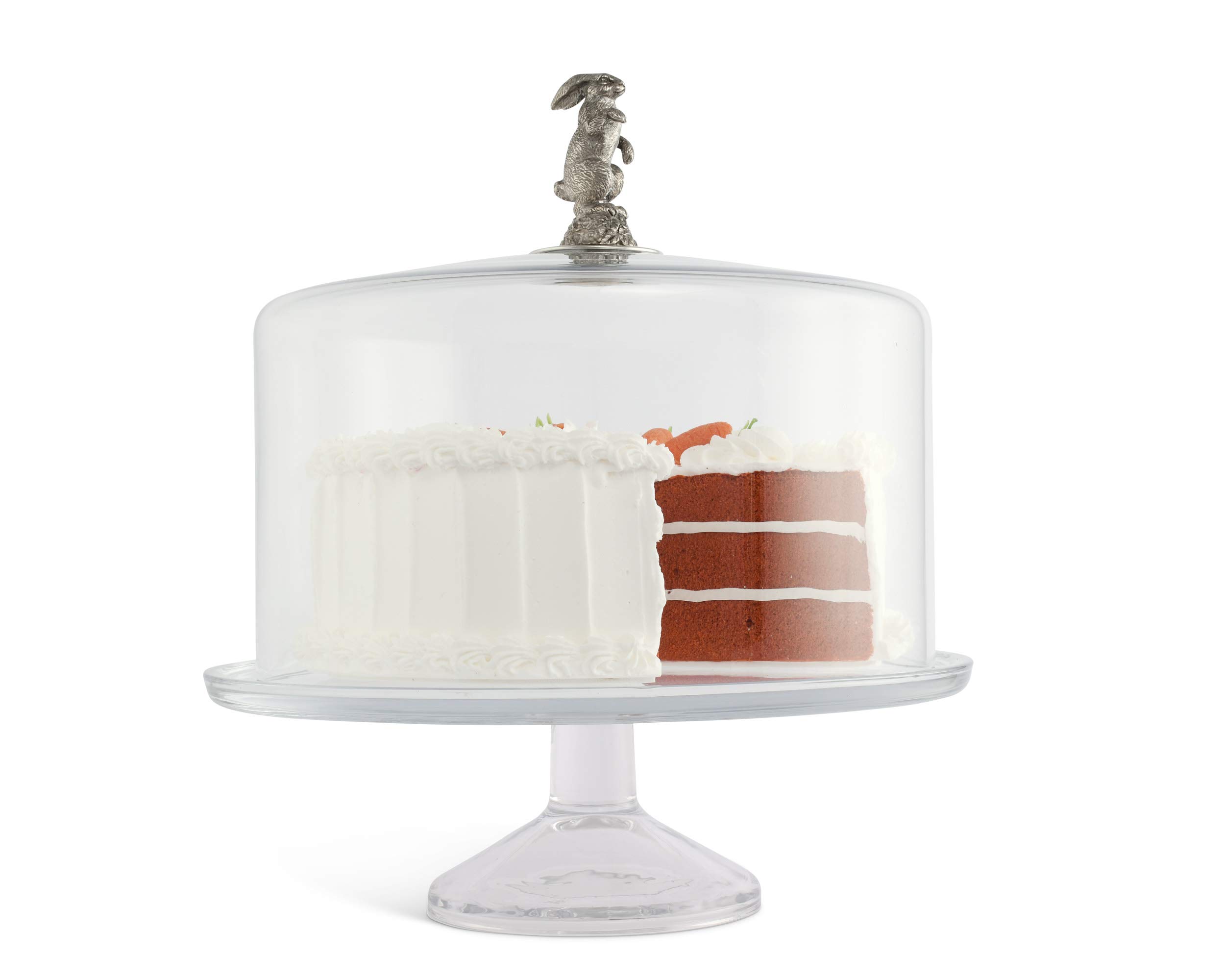 Handblown Glass Cake Stand with Dome Cover & Pewter Bunny Knob - 13 Inch Diameter, 4 Inch Tall - Elegant Dessert Display for Weddings, Tea Parties & Special Occasions