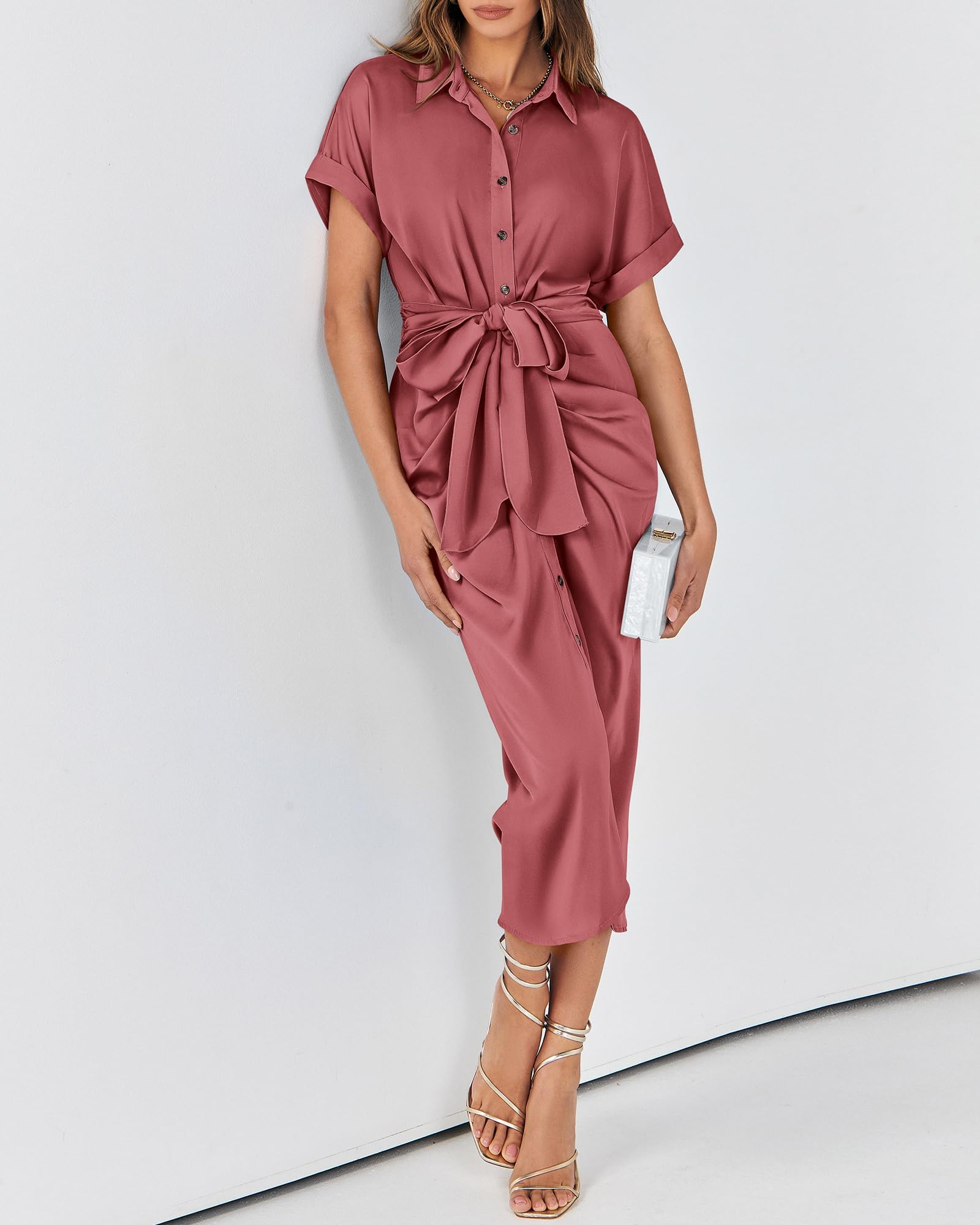 BTFBM 2025 Women's Elegant Ruched Button Down Shirt Dress - Short Sleeve V-Neck Lapel Satin Maxi Dress for Spring Summer, Perfect for Party, Wedding, Cocktail & Formal Occasions