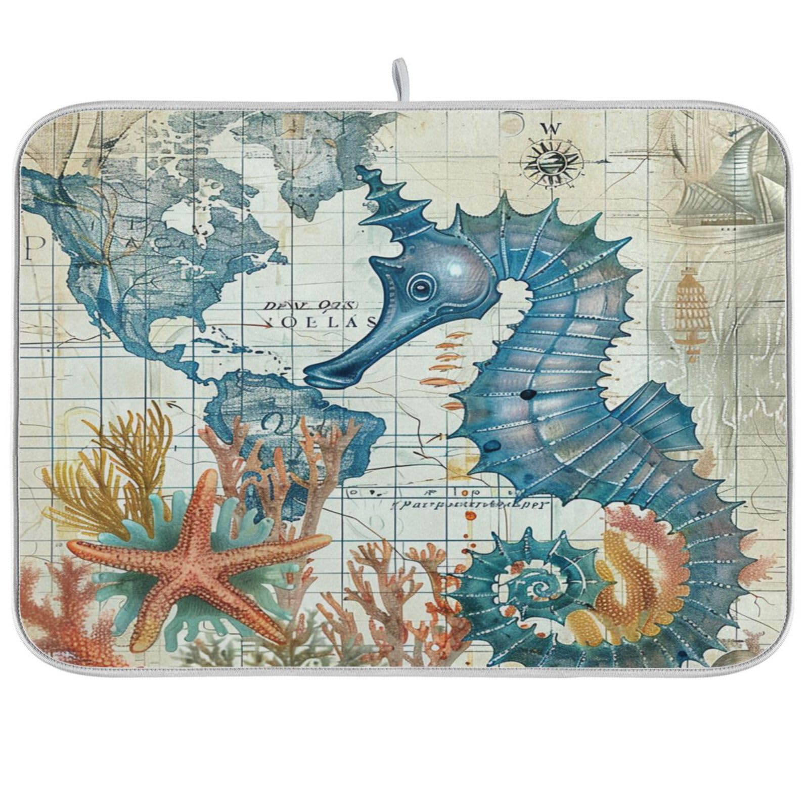 Retro Map Microfiber Dish Drying Mat 16x18in - Absorbent Kitchen Counter Mat for Fast Drainage | Perfect for Coastal-Themed Kitchens