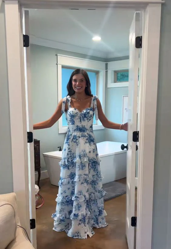 Elegant Blue Floral Formal Evening Gown - Sleeveless Long Dress with High Slit for Prom, Wedding & Special Occasions