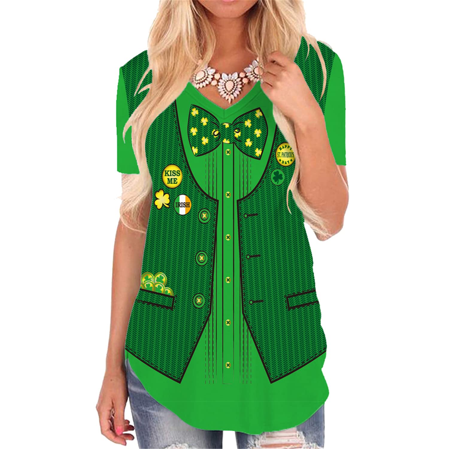 KYKU Women's St. Patrick's Day V-Neck T-Shirt - Shamrock Print Green Tee for Irish Celebration & Casual Wear
