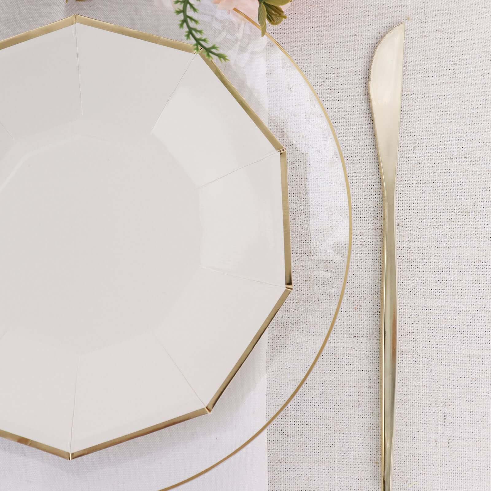 Efavormart 25 Pack 7 Inch Gold Rim White Decagon Dessert Plates, Appetizer Plates & Salad Plates - 300 GSM Heavy Duty Paper Plates for Parties, Weddings & Special Events