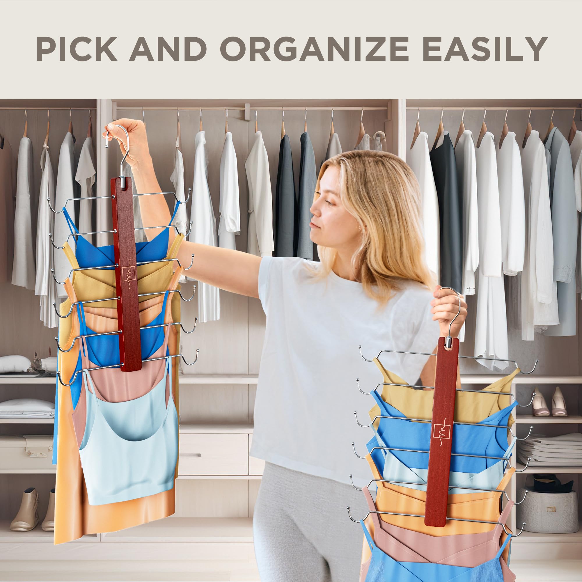 360° Swivel Hook Beechwood Hangers for Tank Tops & Bras - 2 Pack Space Saving Closet Organizer for Sports Bras, Cami Tops & Lingerie - Perfect for Small Closets, Dorm Rooms & Travel Wardrobe Organization
