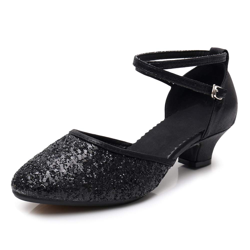 SWDZM Women's Glitter Latin Dance Shoes - Closed Toe Ballroom Salsa Heels for Competition & Party | Professional Dancewear for Performances & Social Events