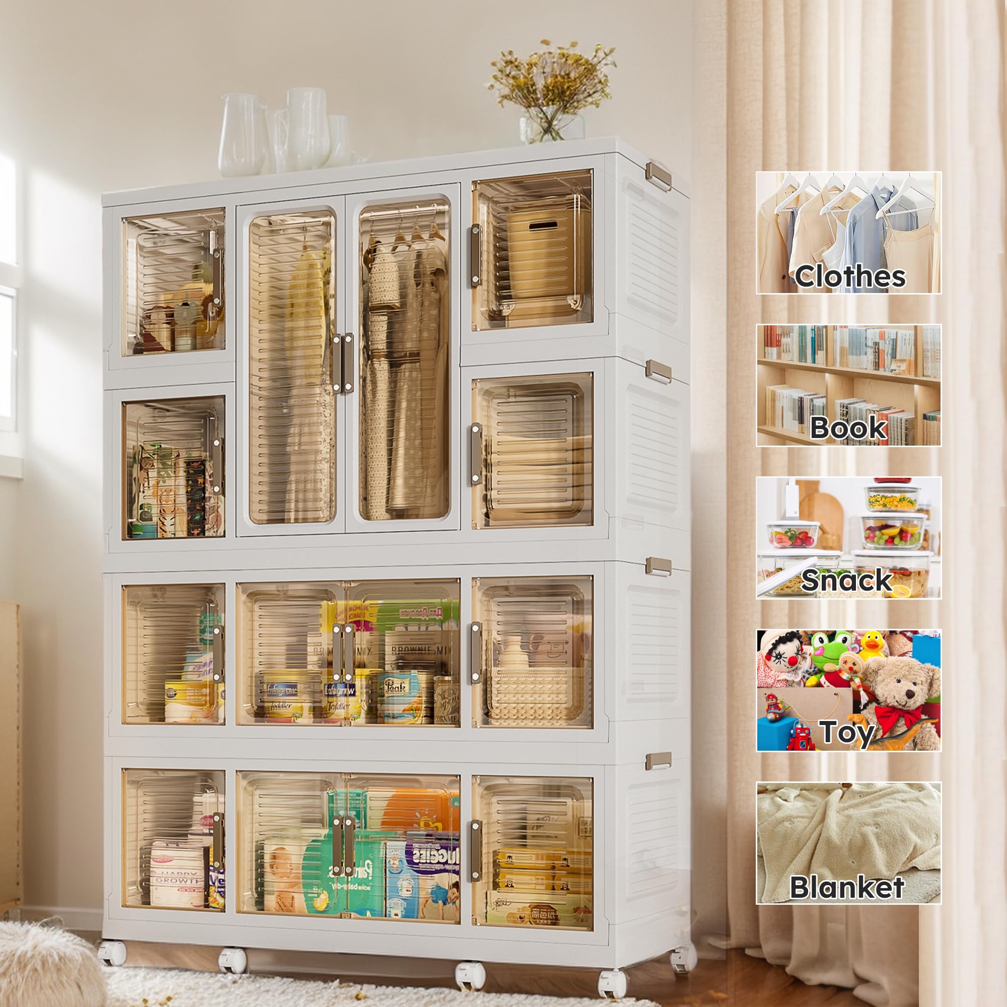Large Portable Kids Wardrobe Closet with Doors - Collapsible Baby & Children's Clothing Organizer with Transparent Panels | Perfect for Nursery, Bedroom & Living Room Storage | Durable Plastic Construction